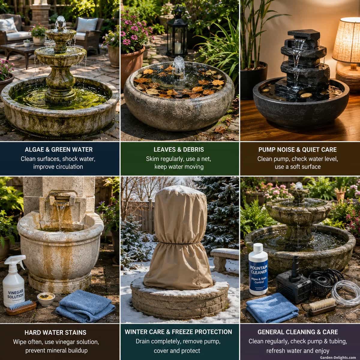 Water fountain maintenance scenario guide showing a patio fountain with algae, a garden fountain with leaves, an indoor fountain with quiet pump care, a hard water stained fountain, a winter covered fountain and a backyard fountain with cleaning tools for real homeowner fountain care problems.