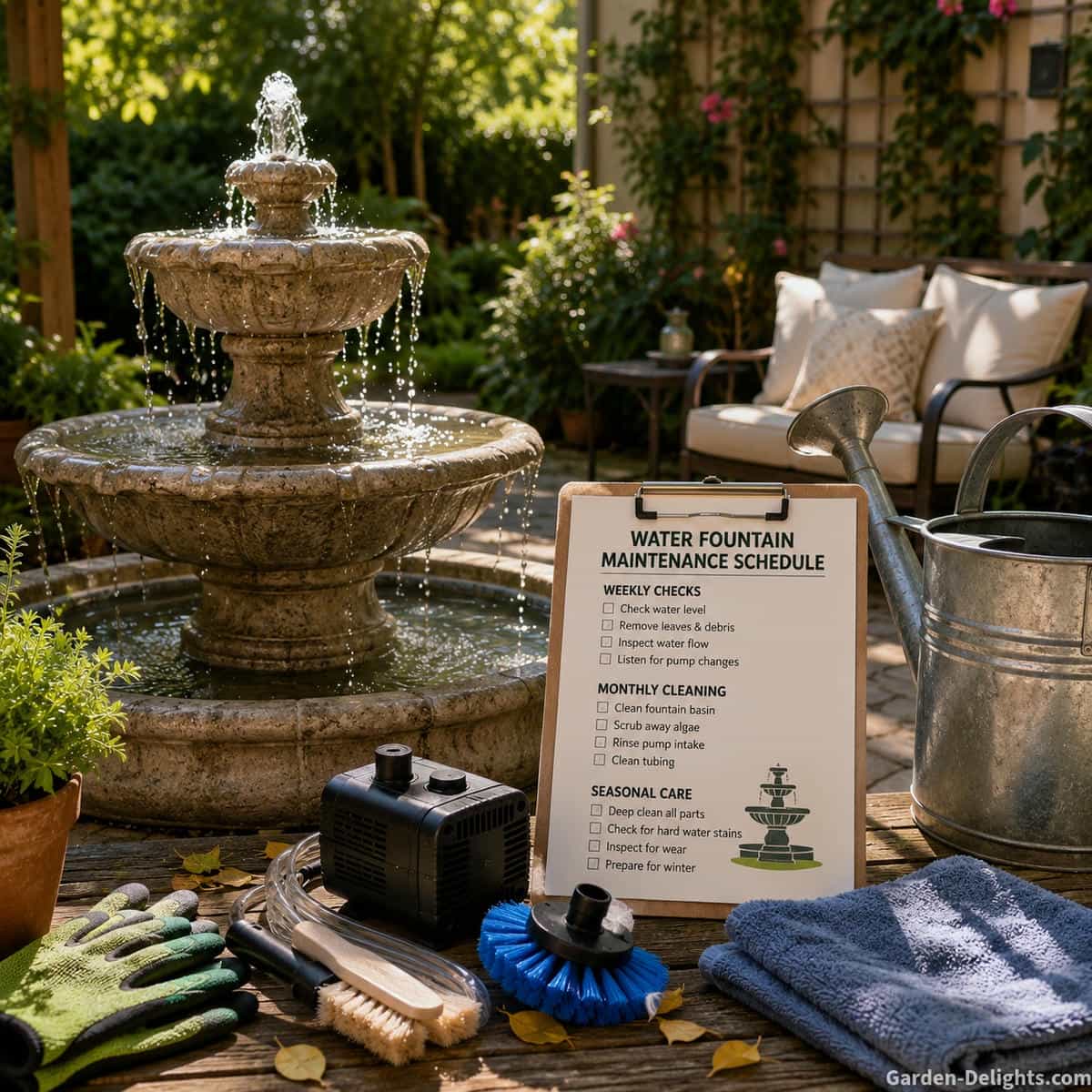 Water fountain maintenance schedule in a backyard patio garden showing a clean fountain basin, pump care tools, refill watering can, soft brush, garden gloves, nearby patio seating, potted plants, sunlight and falling leaves for weekly fountain checks, monthly cleaning, algae prevention and seasonal outdoor fountain care.