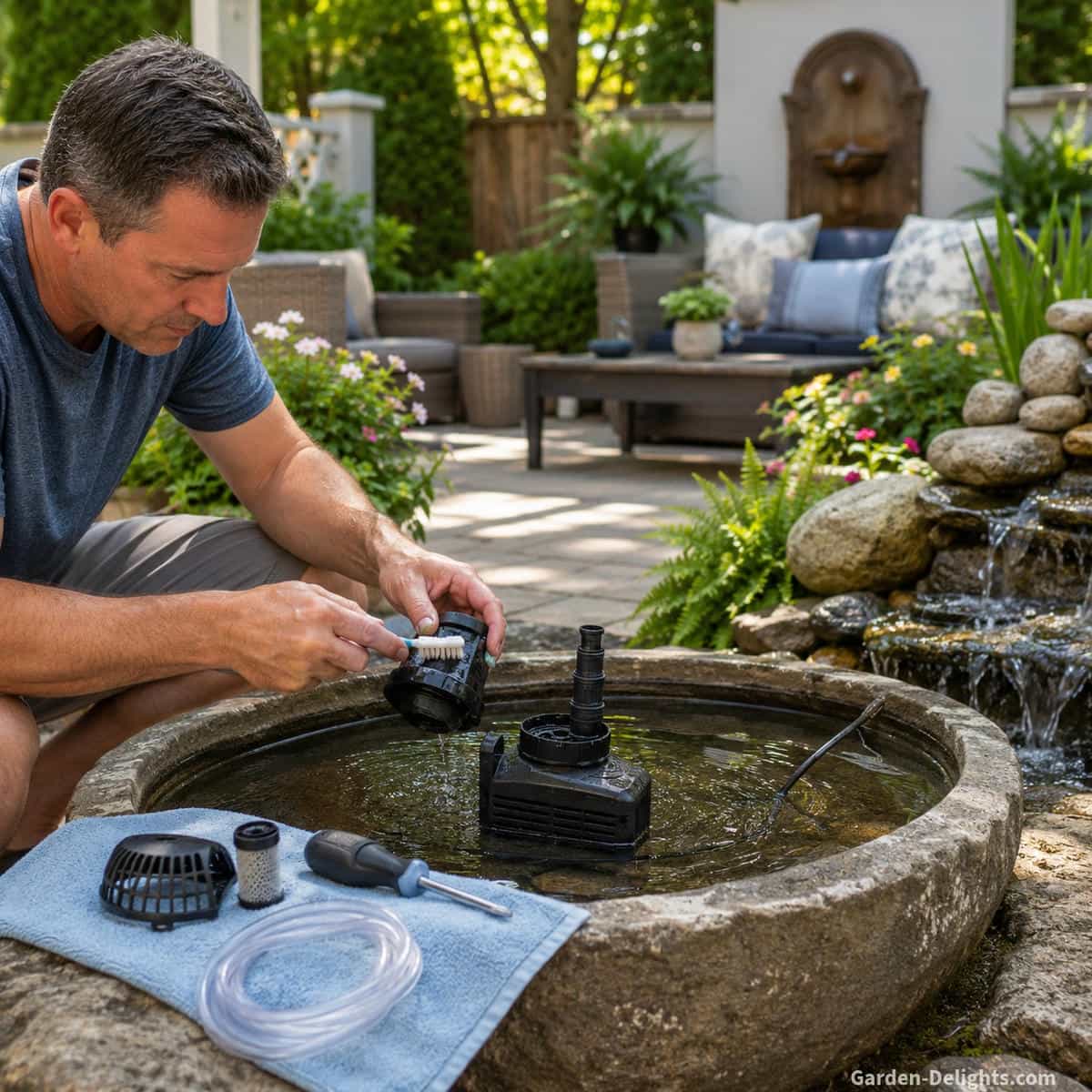 Water fountain pump maintenance in a backyard patio garden showing a homeowner cleaning a small fountain pump, intake screen, tubing, soft brush, clear basin water, patio seating, potted plants and garden pathway for pump care, weak water flow troubleshooting, noisy fountain pump repair and outdoor fountain maintenance.