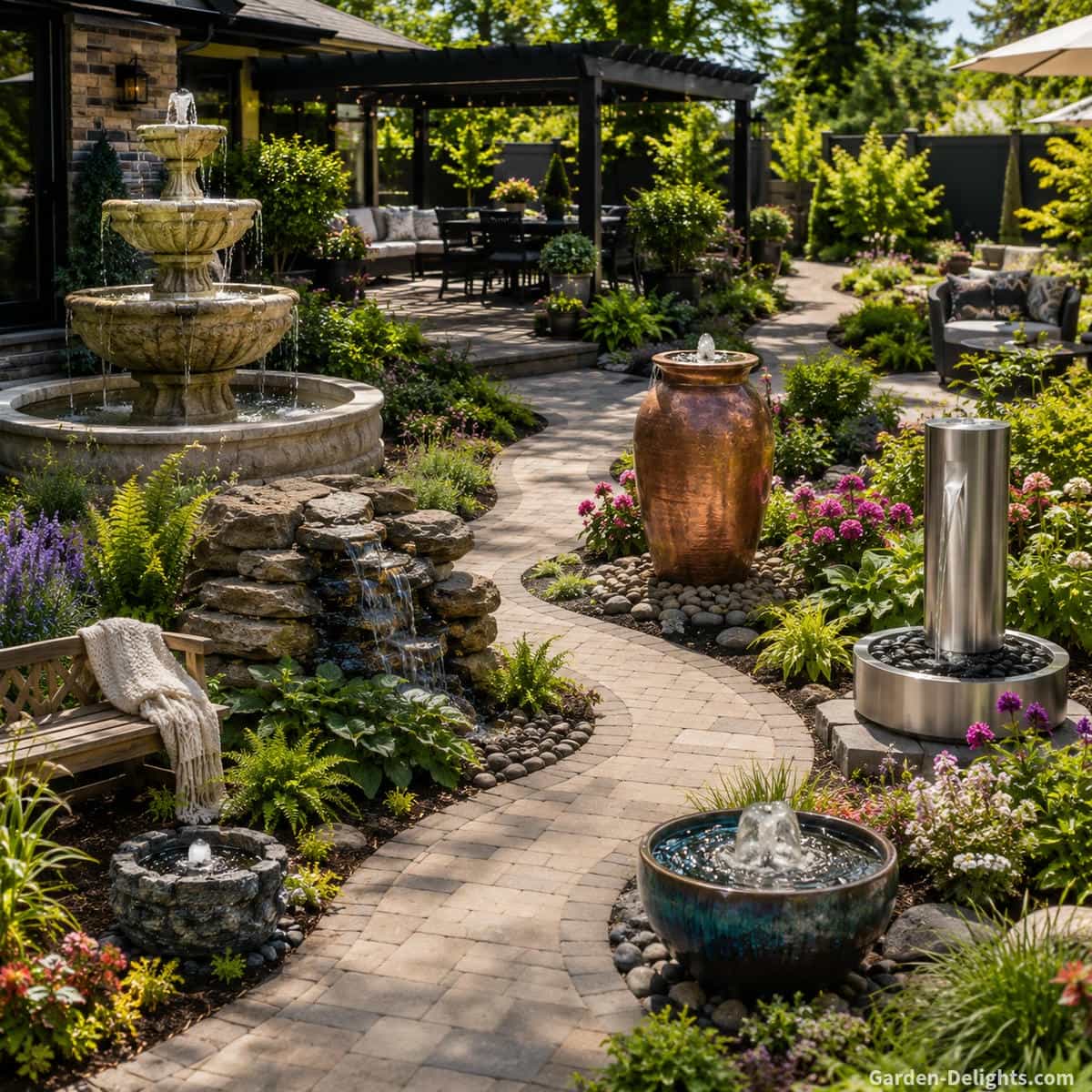 Luxury backyard material comparison garden with cast stone, copper, stainless steel, ceramic, resin, fiberglass and natural stone water fountains placed along a curved paver walkway, black pergola, outdoor seating, flower beds and lush landscaping showing backyard fountain ideas, garden path fountain ideas, patio fountain ideas and outdoor water feature design.