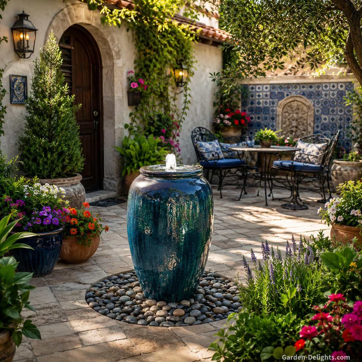 Blue glazed ceramic urn water fountain in a Mediterranean patio courtyard with stone pavers, potted flowers, arched doorway, wrought iron seating, tile garden wall and lush entry garden design for colorful patio fountain ideas and outdoor water feature inspiration.