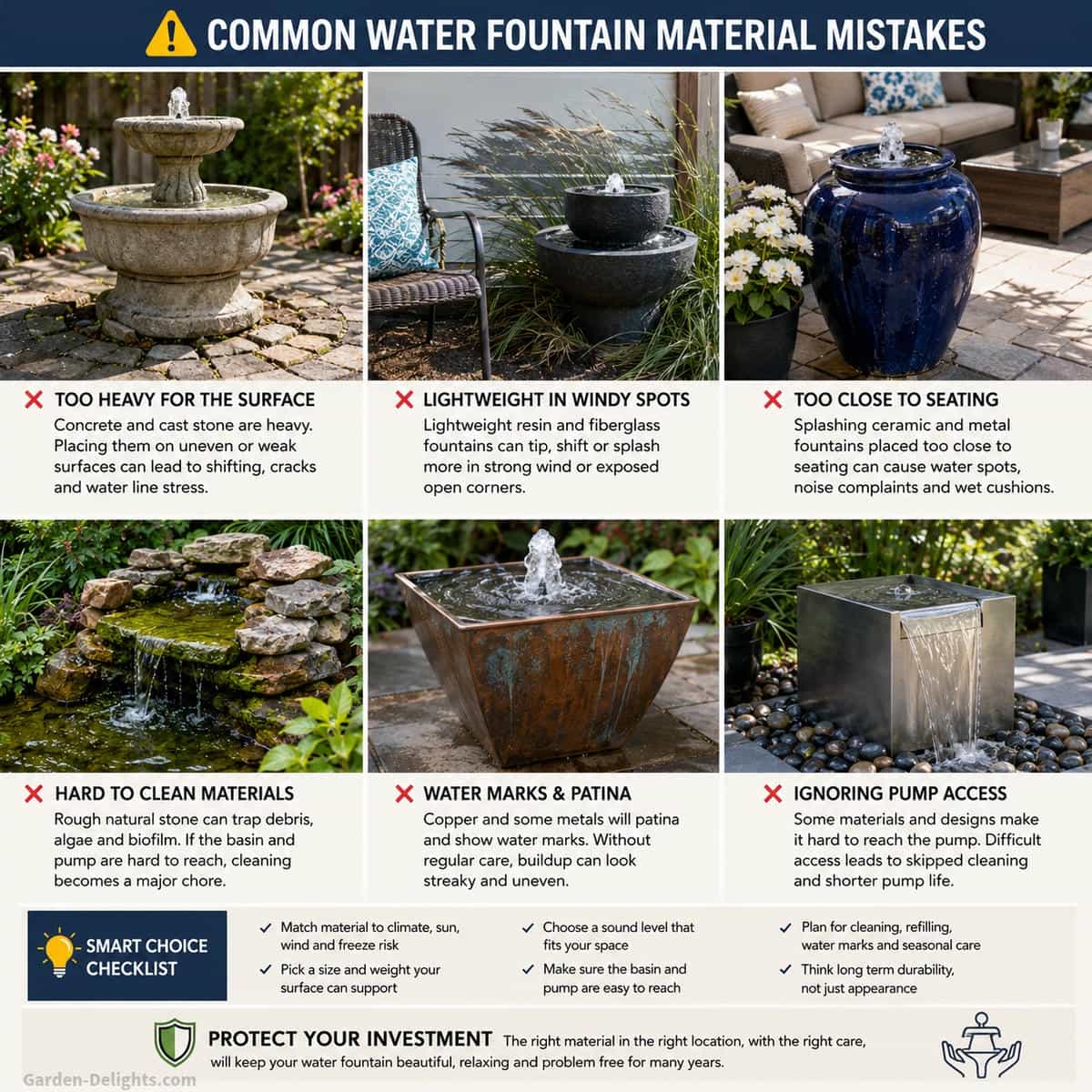 Common water fountain material mistakes in a backyard patio garden showing a heavy concrete fountain on uneven pavers, lightweight resin fountain in a windy corner, ceramic fountain too close to seating, natural stone fountain with algae buildup and metal fountain with water marks, helping homeowners compare fountain durability, cleaning access, weather care and placement.
