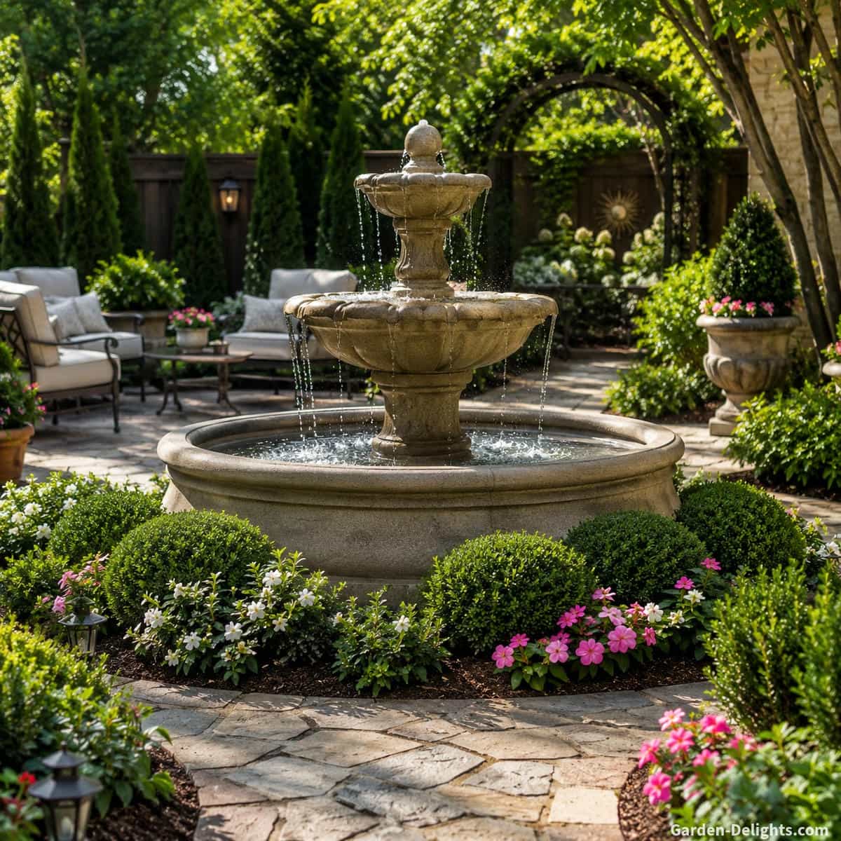 Concrete and cast stone water fountain in a formal backyard garden with tiered water flow, stone pathway, trimmed shrubs, patio seating, deep water sound and permanent outdoor landscape design for durable garden fountain materials, courtyard fountain ideas and backyard focal point placement.