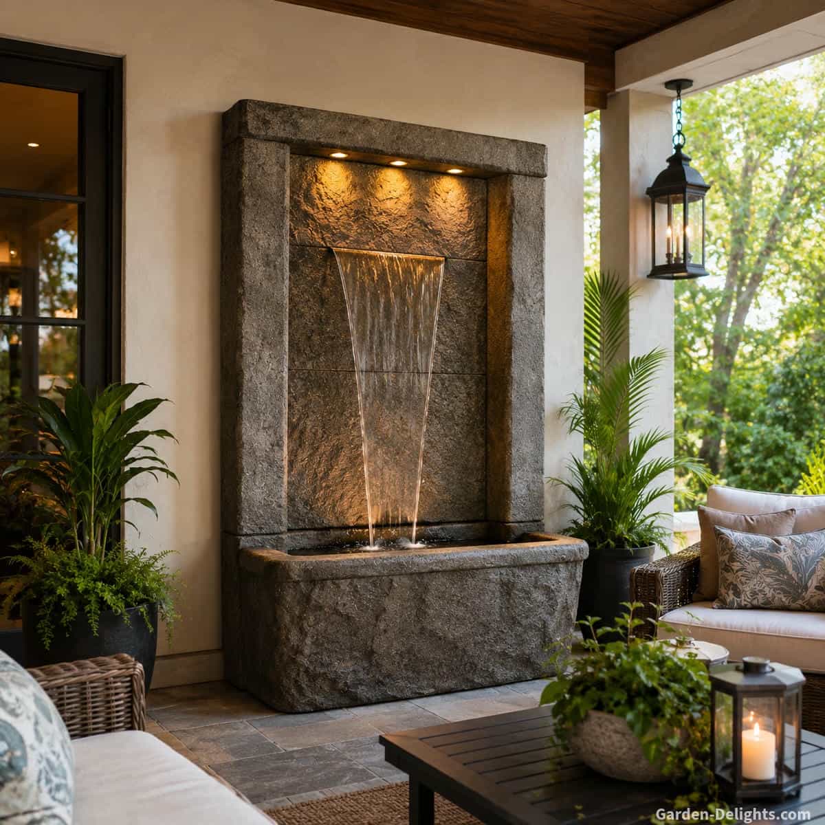 Fiberglass water fountain on a covered patio with large stone look design, wall fountain style, outdoor seating, patio pavers, container plants, gentle water flow and lower weight placement for patio fountain ideas, indoor fountain design and large decorative water feature inspiration.