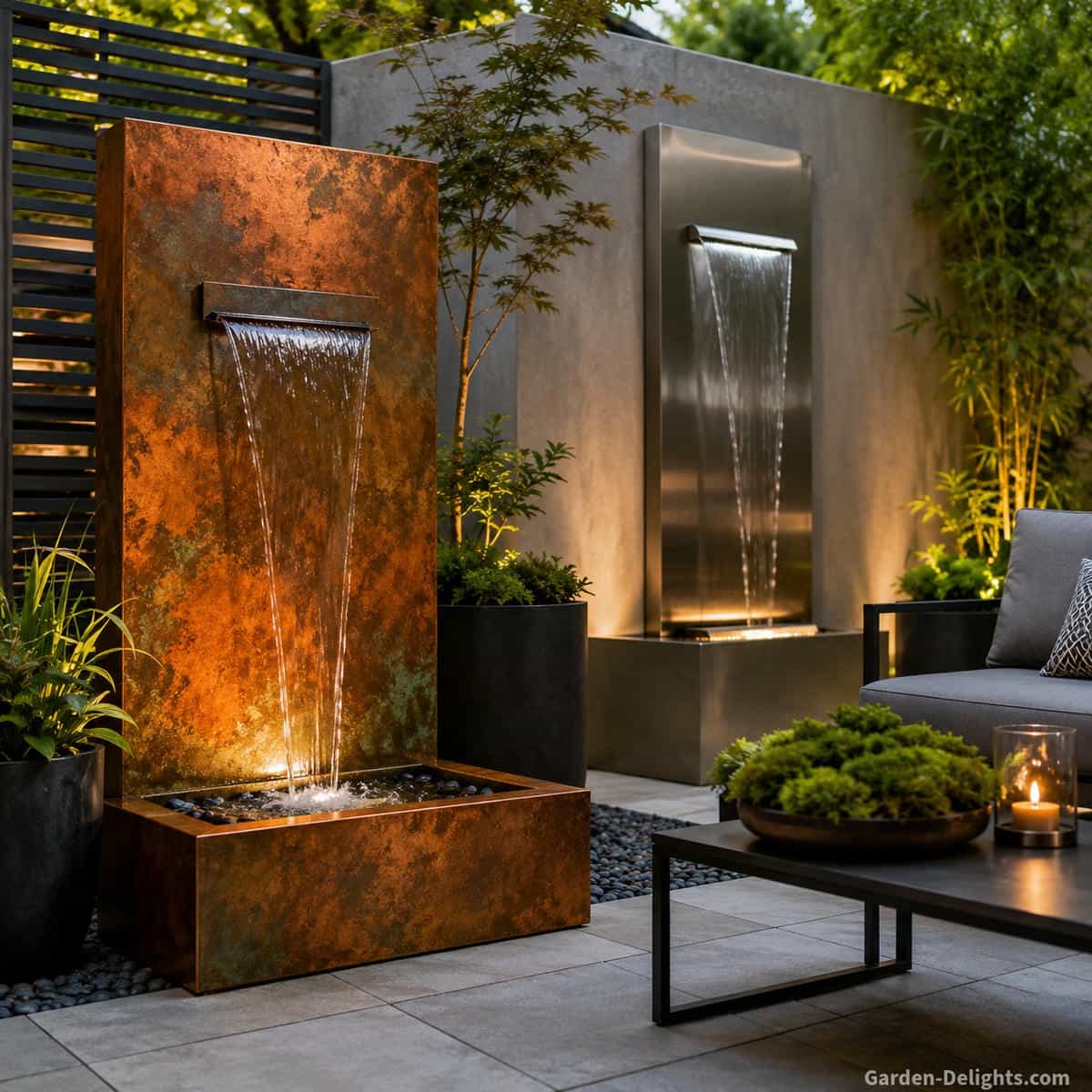 Metal water fountains in a modern patio garden with copper patina fountain, stainless steel wall fountain, clean patio pavers, black planters, outdoor seating, soft water flow and contemporary landscape design for copper water fountain ideas, stainless steel fountain placement and modern outdoor water feature style.