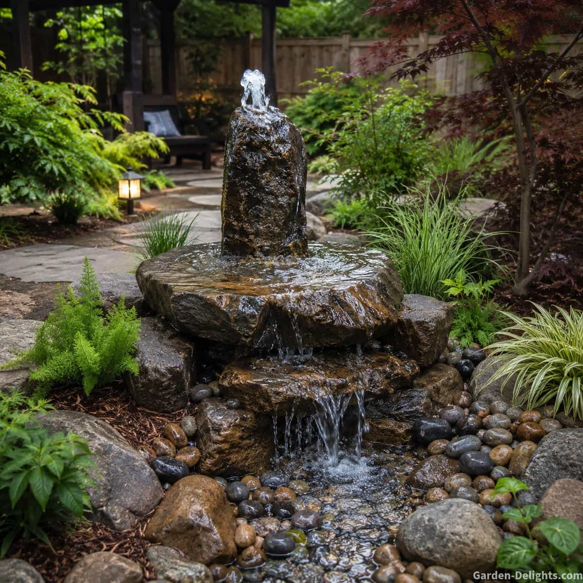 Natural basalt stone bubbling water fountain with cascading stone shelves, smooth river rock, ferns, ornamental grasses, a winding garden pathway, Japanese maple and shaded pergola seating in a peaceful Zen inspired rock garden for rustic backyard water feature ideas.
