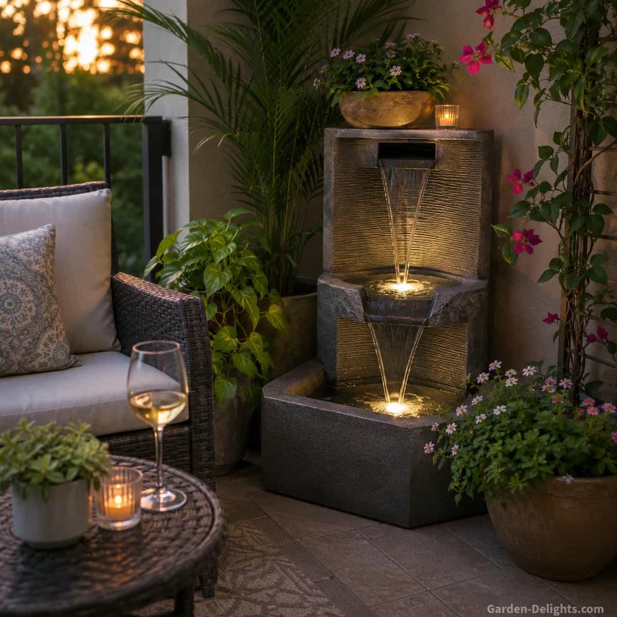 Resin water fountain on a cozy small patio balcony with potted plants, cushioned outdoor chair, stone look finish, gentle cascading water, warm accent lighting and easy placement for decks, balconies, front entries and small outdoor living spaces.