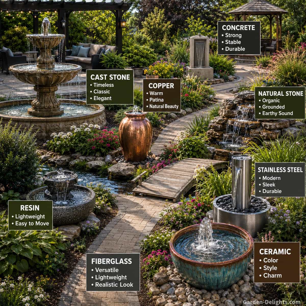 Water fountain material comparison garden showing labeled cast stone, concrete, resin, fiberglass, ceramic, copper, stainless steel and natural stone water fountains along a landscaped garden path with patio seating, a small bridge, flowering perennials, ornamental grasses and cascading water features, helping homeowners compare fountain materials, durability, style, maintenance and outdoor placement ideas.