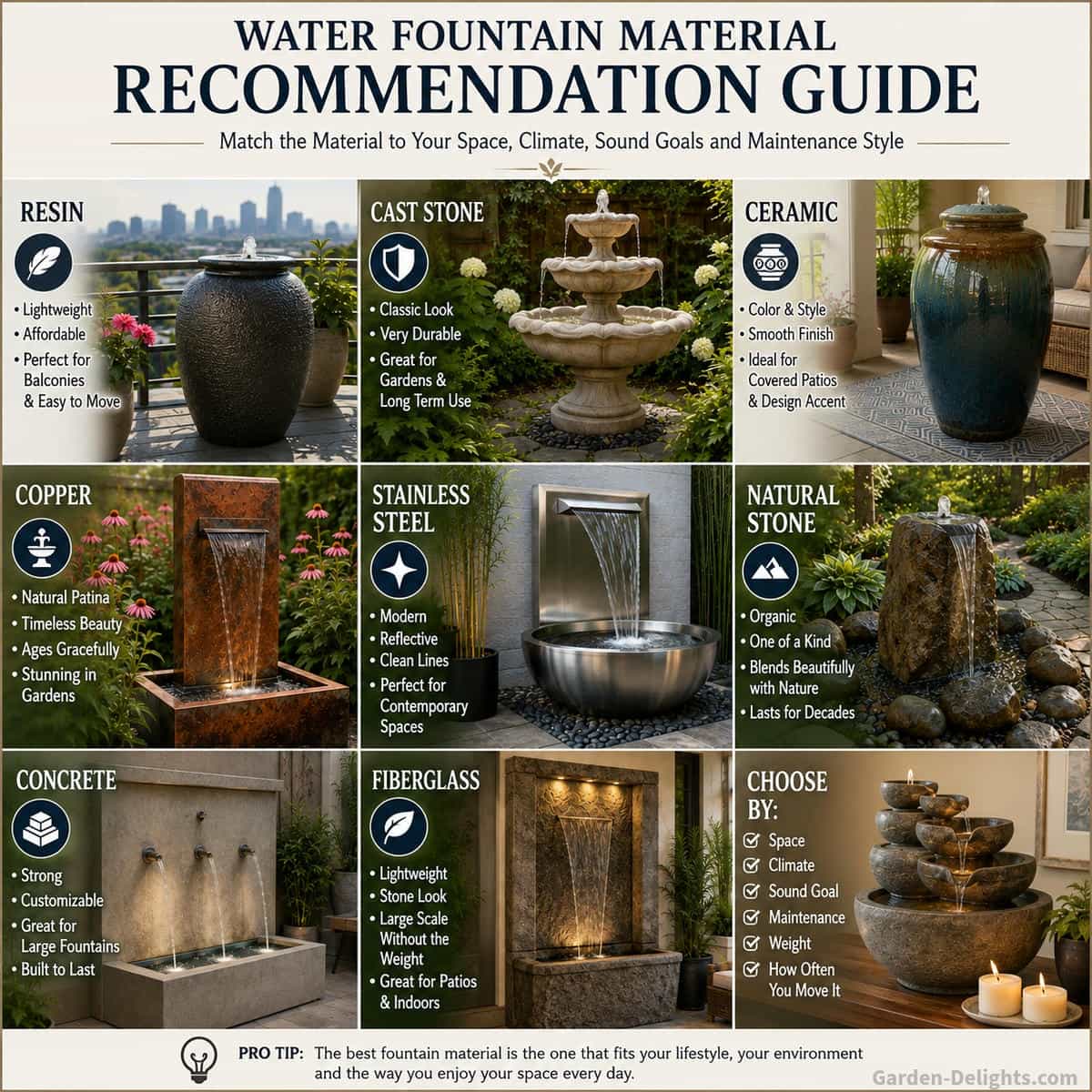 Water fountain material recommendation guide showing resin fountain on a balcony, cast stone fountain in a garden, ceramic fountain on a covered patio, copper fountain near flowers, stainless steel fountain in a modern courtyard and natural stone fountain beside a garden path for choosing the best fountain material by space, climate, sound and maintenance.