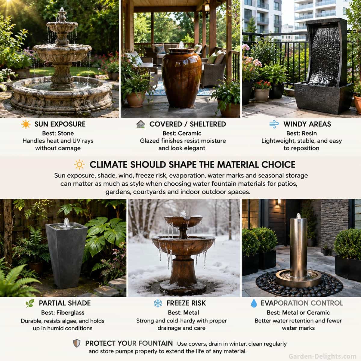 Water fountain materials by climate in a backyard patio scene with a natural stone garden fountain, glazed ceramic fountain on a covered patio, resin fountain near balcony plants, fiberglass fountain in partial shade and metal fountain in a modern courtyard showing sun exposure, wind protection, freeze risk, evaporation control and weather resistant fountain material ideas.