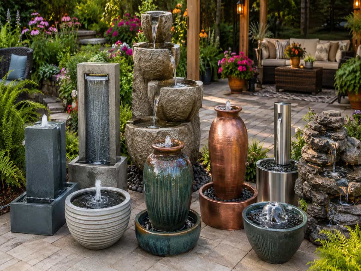 Water fountain materials guide showing resin, concrete, cast stone, ceramic, copper, stainless steel, fiberglass and natural stone fountains arranged in a beautiful garden patio with plants, pathways and outdoor seating