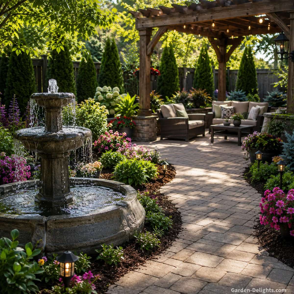 Accessible water fountain placement beside a garden pathway and pergola seating area with comfortable patio chairs, flowering landscape beds, natural stone fountain and clear walking access. Gentle water movement creates soothing sound, Feng Shui balance, daily relaxation, outdoor living comfort and practical fountain maintenance throughout the backyard landscape.