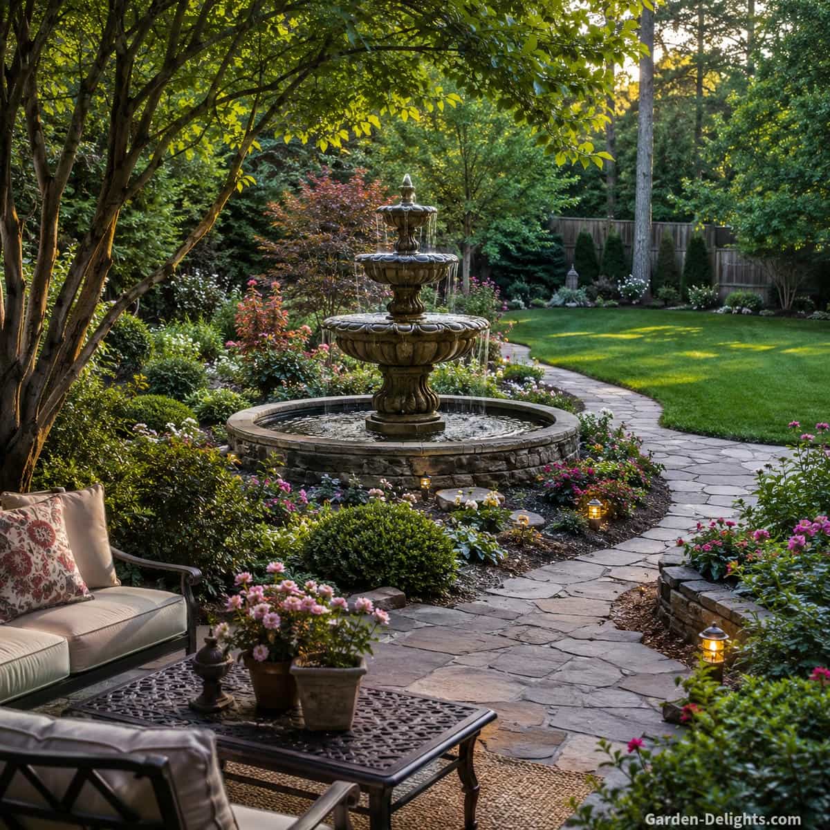 Backyard focal point water fountain placement with a tiered stone fountain near patio seating, flowering landscape beds, a curved garden pathway and open lawn.