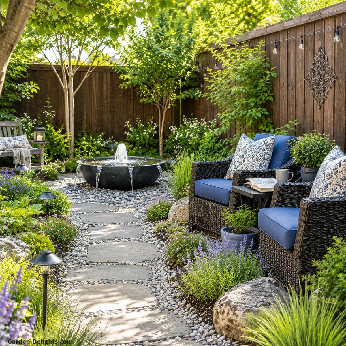 Backyard retreat water fountain placement with a small basin fountain beside blue cushioned wicker reading chairs, a garden pathway, shaded planting beds, soft water movement and a peaceful outdoor reading nook creating acoustic comfort, sensory calm and restorative backyard relaxation.