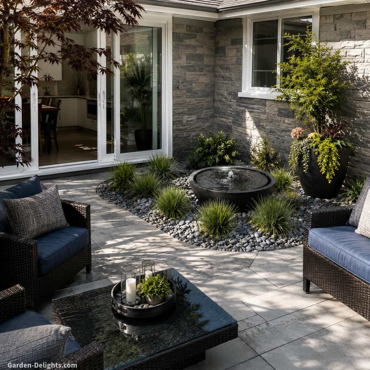 Backyard water fountain placement showing a black stone basin fountain near patio seating, curved garden pathway, decorative rock edging and healthy planting for backyard fountain ideas, focal point design and peaceful outdoor retreat planning