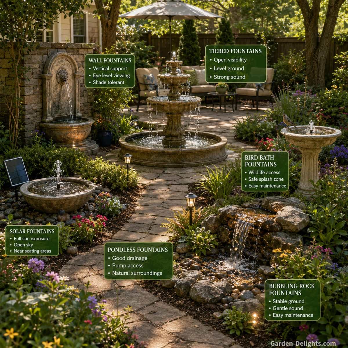 Best fountain placement by fountain type showing solar fountains, wall fountains, tiered fountains, bird bath fountains, pondless fountains and bubbling rock fountains in realistic garden, patio, courtyard and backyard locations with sunlight, shade, seating views, safe splash zones, wildlife access and easy maintenance routes
