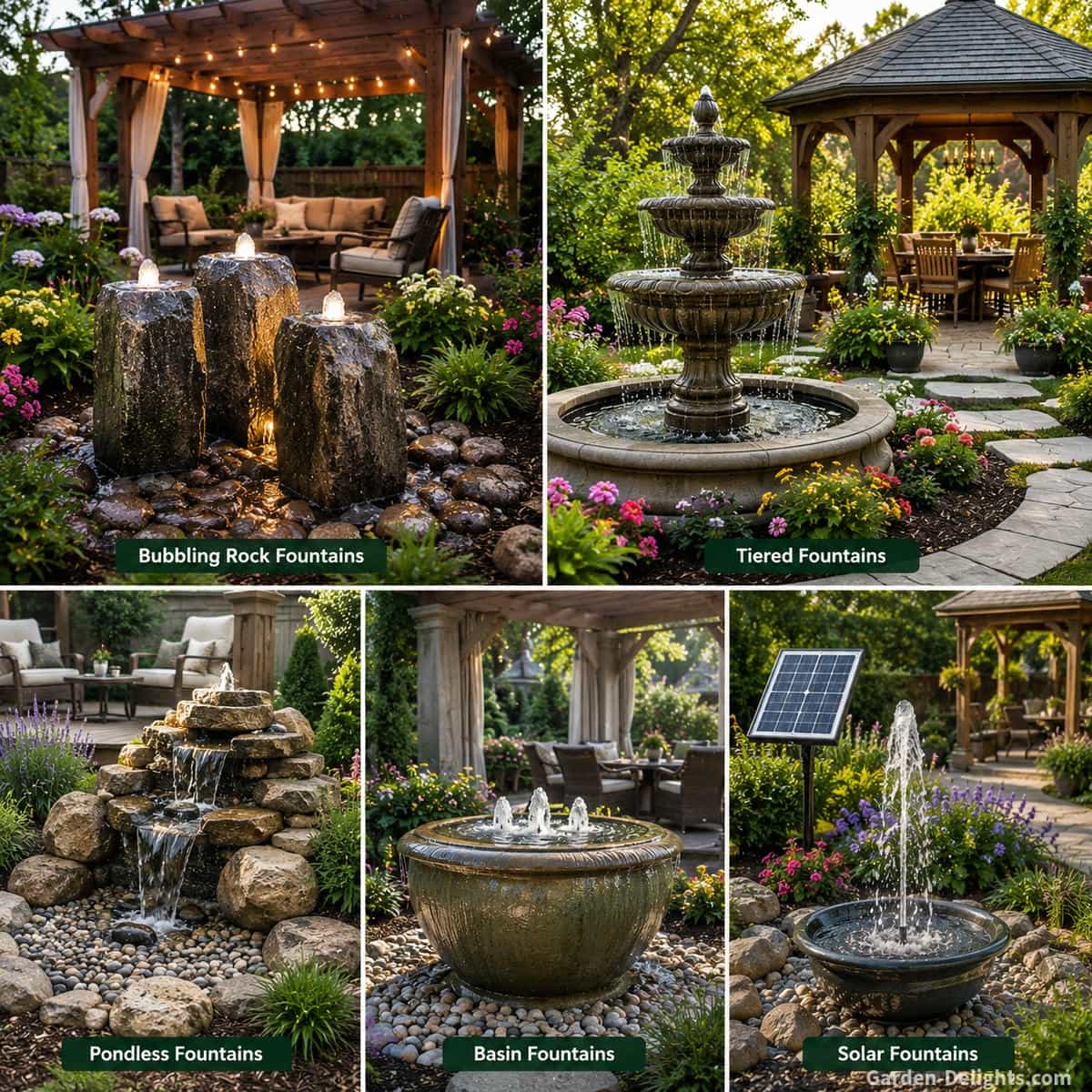 Best fountain types for pergolas and gazebos with bubbling rock fountains, tiered fountains, basin fountains and solar fountains near shaded seating, garden pathways and calm backyard gathering spaces.