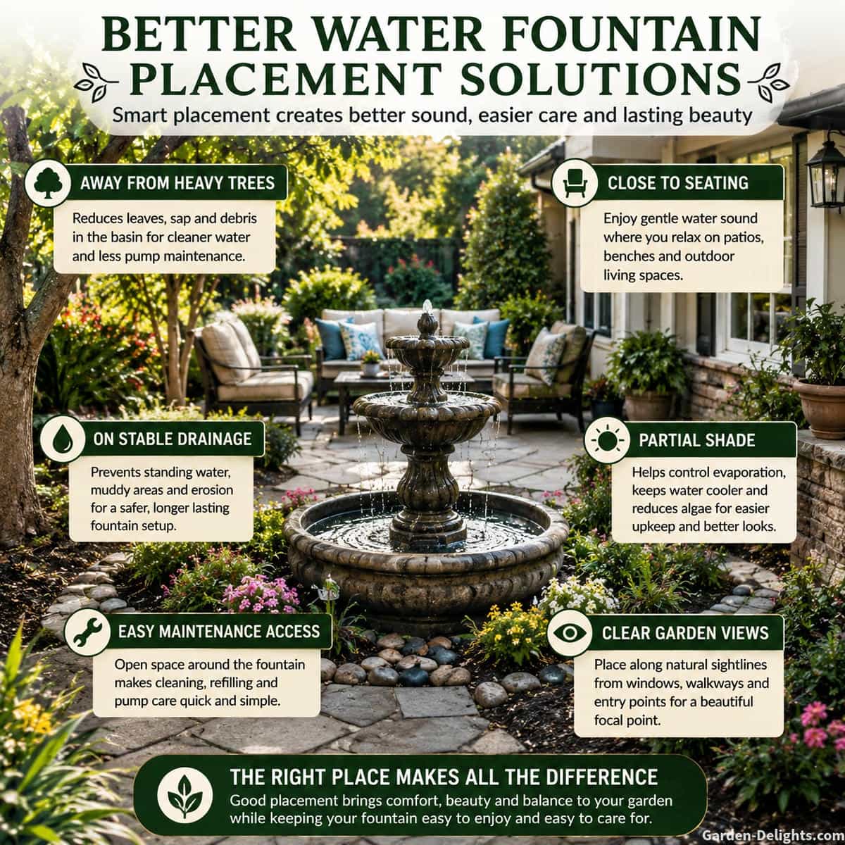 Better water fountain placement solutions showing a garden fountain placed away from heavy trees, near patio seating, on stable drainage, with partial shade, clear access, open sightlines and gentle water movement in a peaceful backyard setting