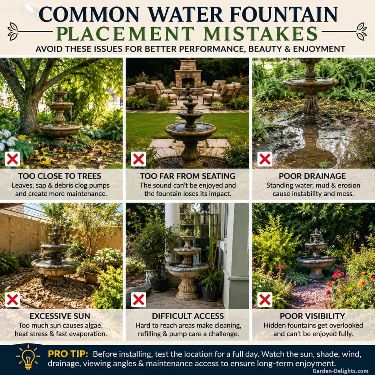 Common water fountain placement mistakes showing an outdoor fountain too close to trees, too far from seating, poor drainage, excessive sun exposure, difficult access and poor visibility in a realistic garden and patio setting