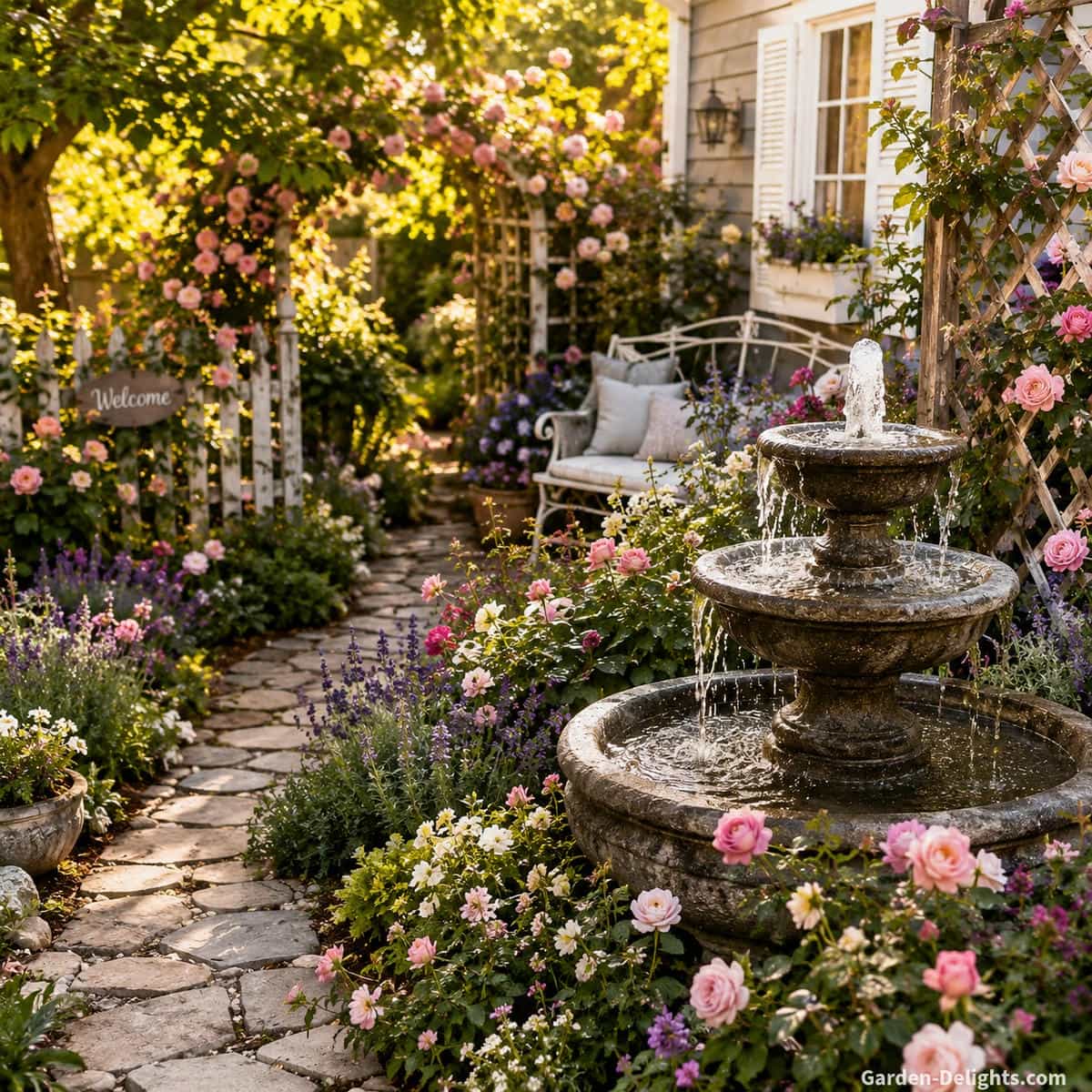 Cottage garden water fountain placement beside curved stone pathways, romantic flower borders, roses, lavender, trellis plants and a cozy seating area with gentle moving water creating peaceful outdoor ambience, pollinator friendly beauty and a natural garden focal point.