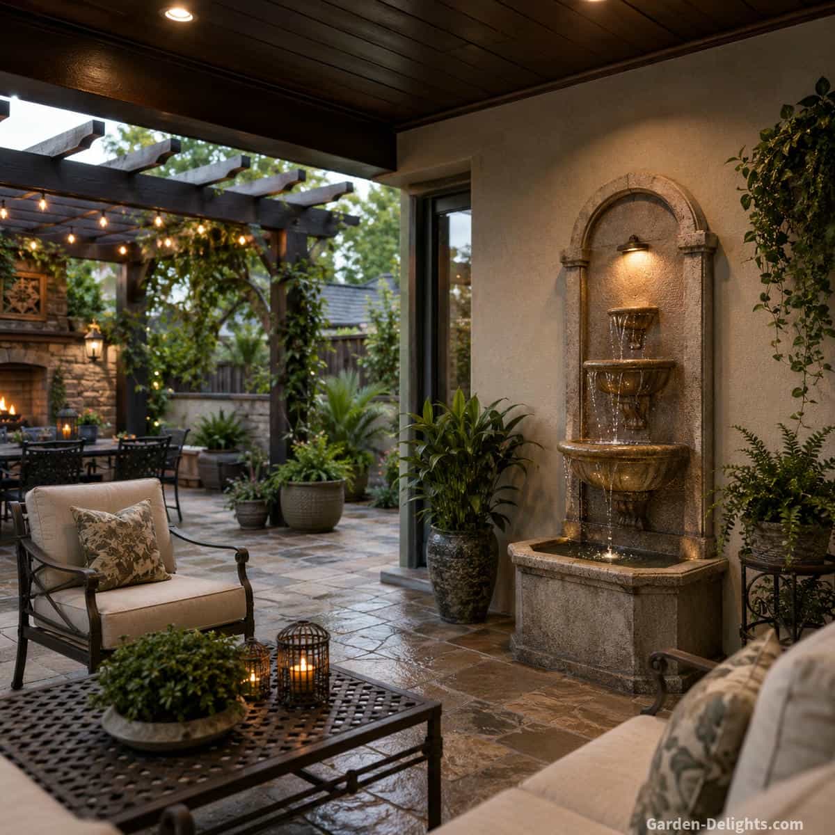 Covered patio water fountain placement under a shaded roofline with outdoor lounge chairs, pergola beams, potted plants, stone flooring, soft lighting and a compact wall fountain creating gentle water sound, protected outdoor living, Feng Shui balance and peaceful patio comfort.