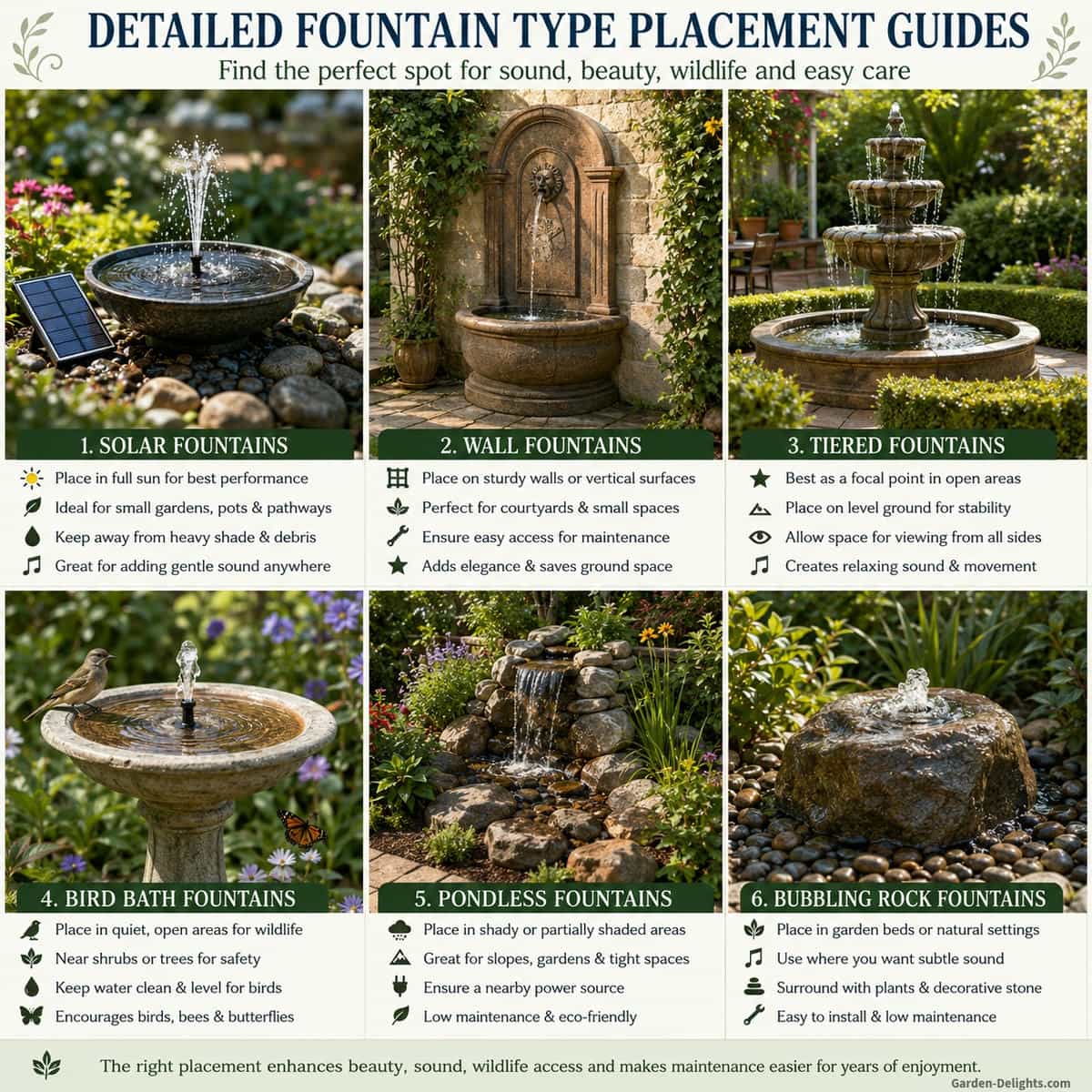 Detailed fountain placement guides by fountain type showing solar fountains, wall fountains, tiered fountains, bird bath fountains, pondless fountains and bubbling rock fountains in a peaceful garden, patio and backyard setting with soft water movement, sunlight, shade, wildlife access and easy maintenance paths