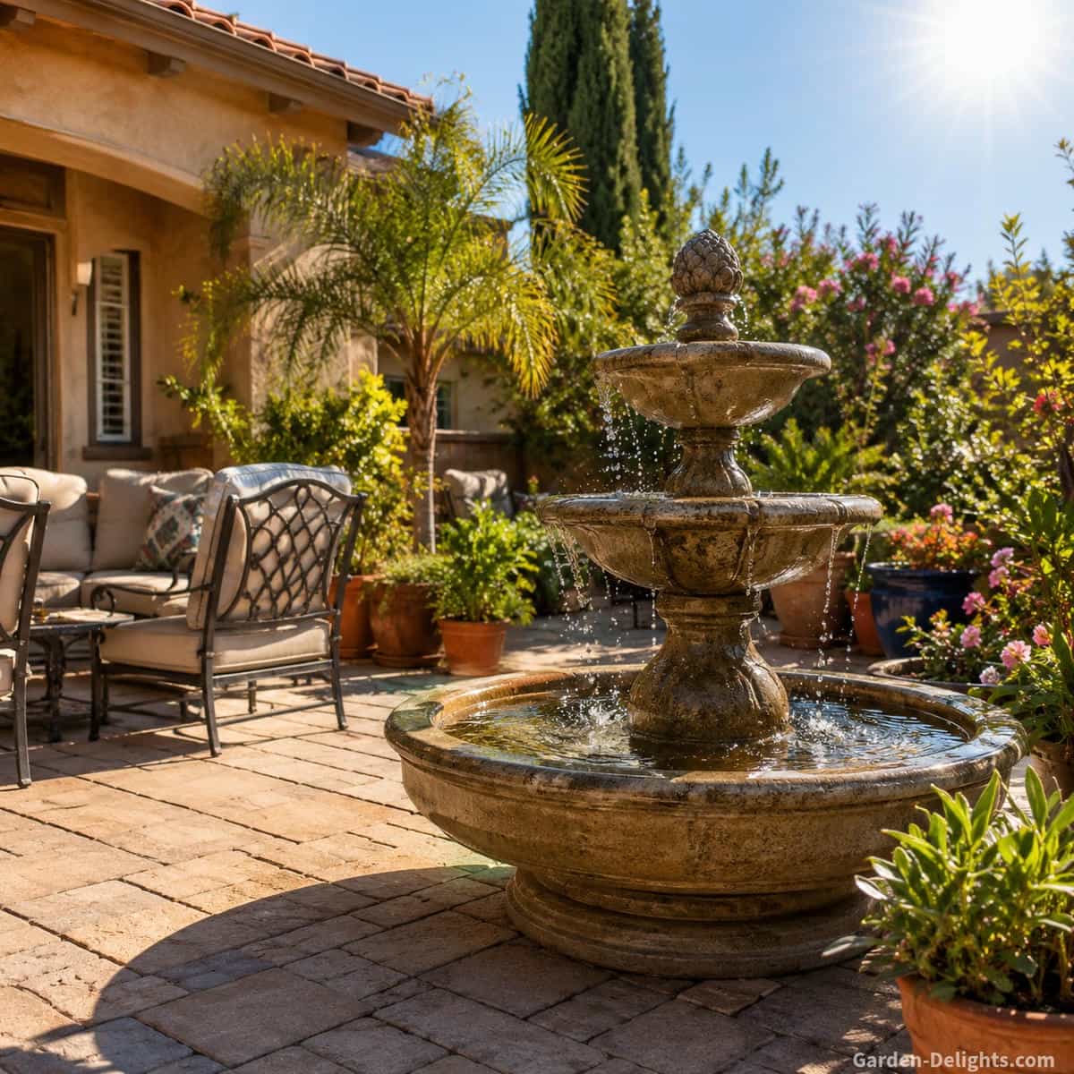 Outdoor water fountain placement in direct sunlight beside a backyard patio showing full sun exposure, increased evaporation, warm water conditions, stone fountain basin, nearby seating area and practical fountain placement strategies for water level management, pump protection and long term outdoor fountain performance.