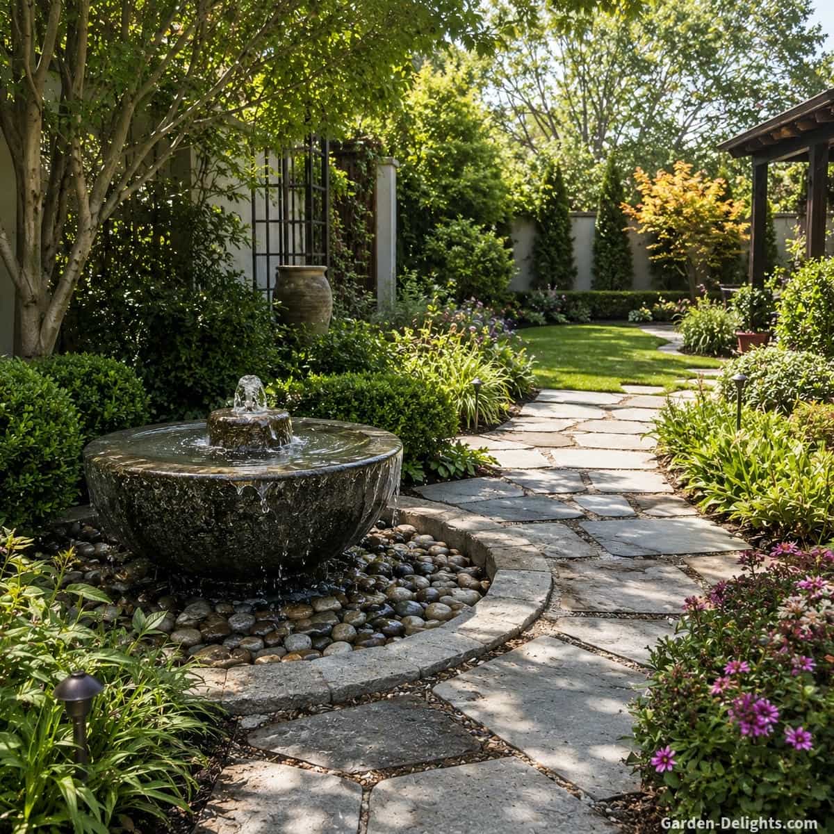 Feng Shui fountain placement areas explained with one visible garden fountain beside a clear stone pathway, healthy shrubs on one side, open garden space on the other side, partial shade, clean moving water, open sightlines, visible maintenance access and balanced landscape flow for practical outdoor harmony