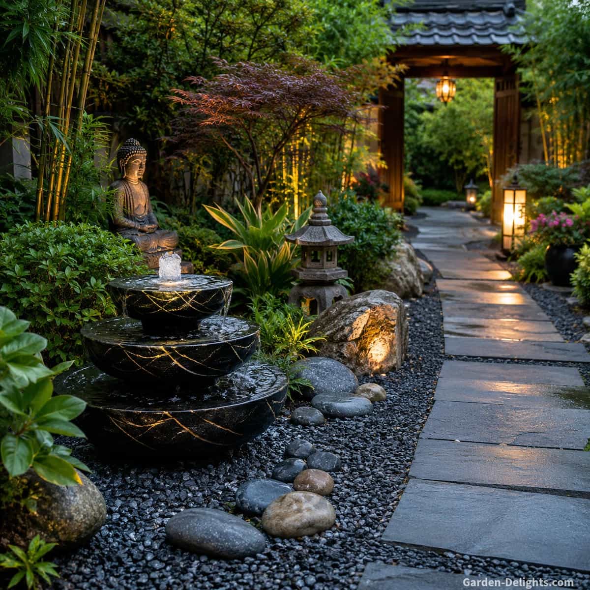 Feng Shui water fountain placement showing a black tiered garden fountain with gold accents, flowing water, dark gravel, entryway path views and balanced garden planting for wealth energy, career flow and outdoor harmony