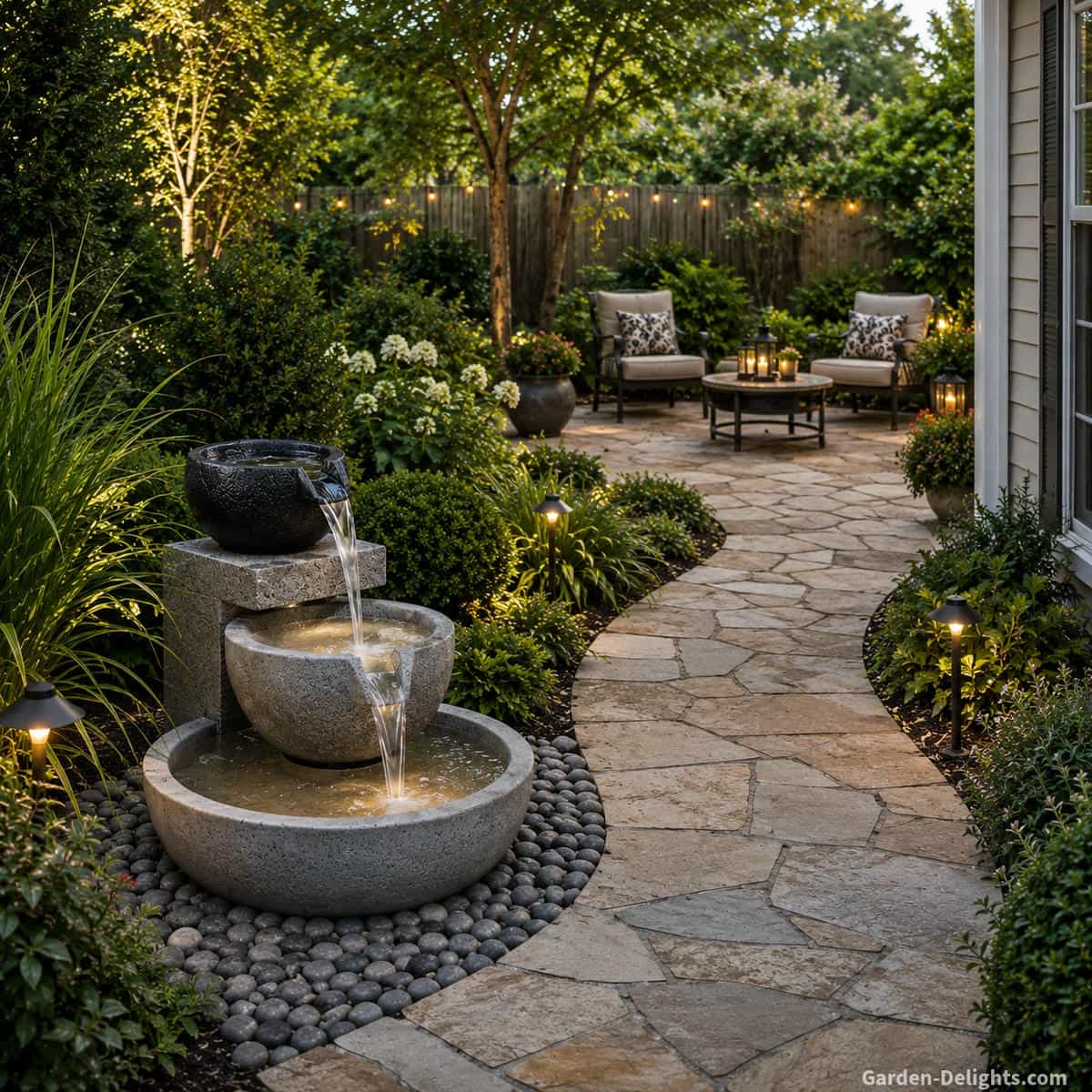 Feng Shui water fountain placement with a compact stone bowl fountain beside an open stone pathway, clear maintenance access, healthy shrubs, visible moving water, balanced patio seating, trimmed landscaping and open sightlines for practical upkeep and long term outdoor harmony
