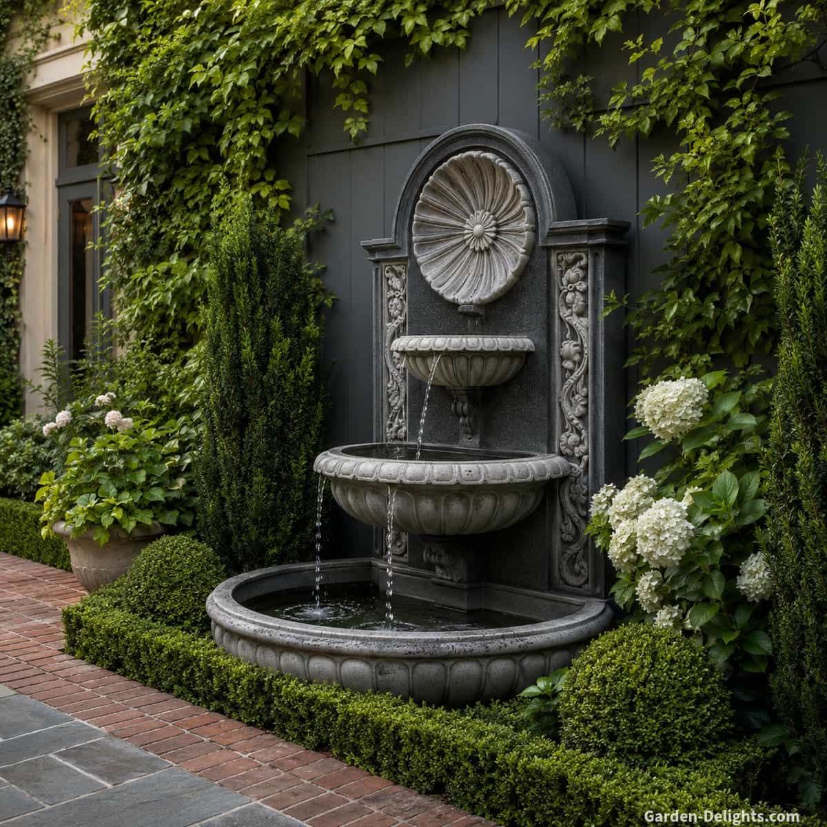 Formal garden wall fountain placement against a dark garden wall with light gray stone bowls, clipped boxwood hedges, brick edging, stone walkway, climbing greenery and elegant landscape architecture creating symmetry, visual balance, refined outdoor living and timeless garden design.