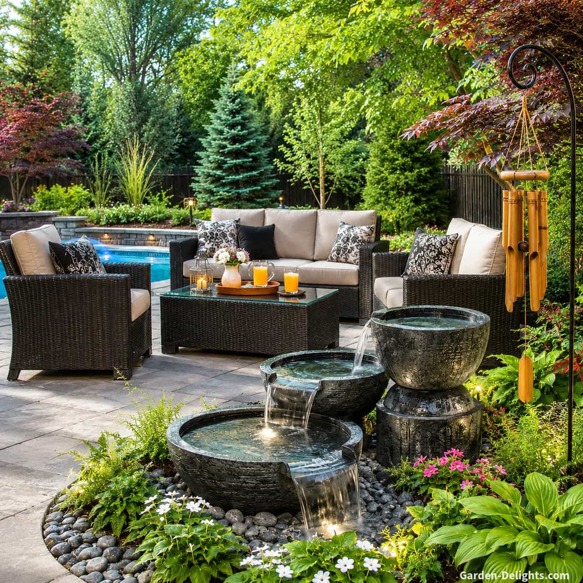 Best fountain placement for sound and relaxation showing a black stone water fountain near outdoor seating, soft bubbling water, garden plants and calm patio views for white noise, sound masking and peaceful backyard comfort