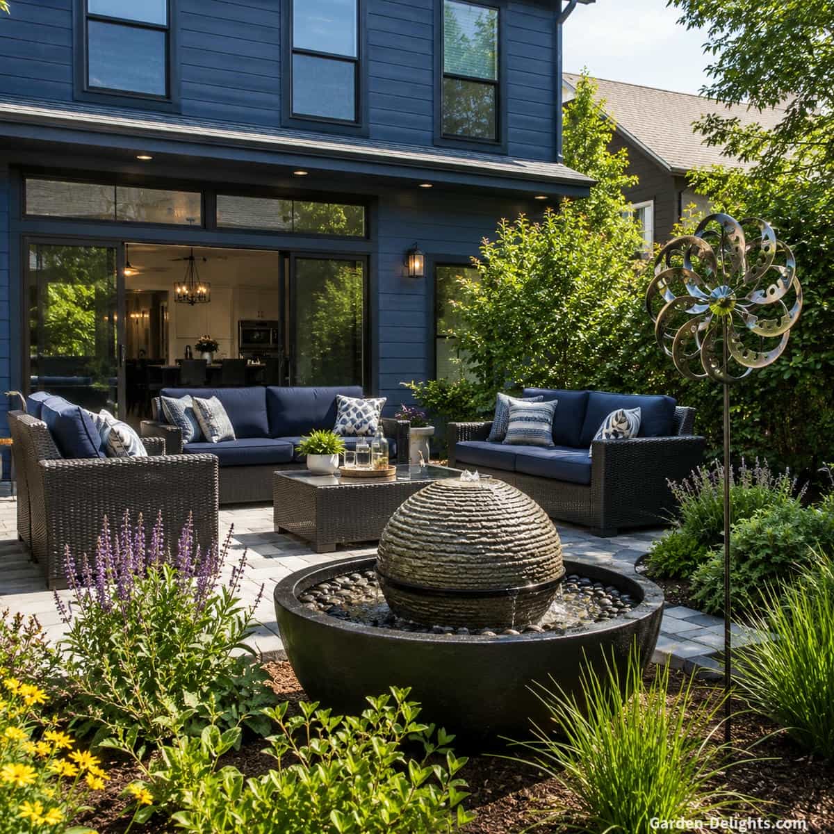 Thoughtful water fountain placement near black wicker patio seating with a bubbling stone sphere fountain, river rock basin, decorative wind spinner, blue home backdrop, gentle white noise, relaxing water sounds, acoustic comfort, sound masking and peaceful outdoor living designed around everyday listening spaces.