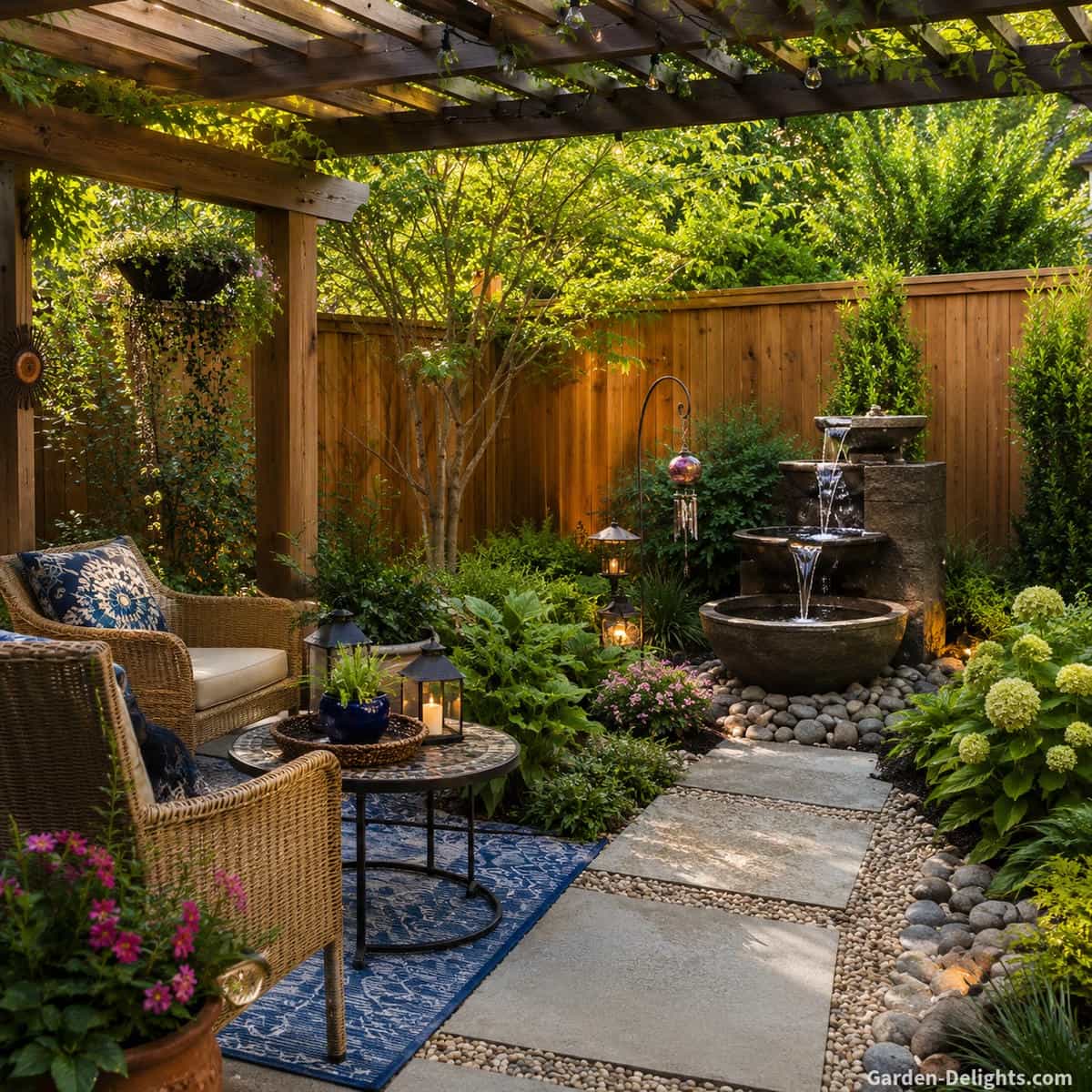 Water fountain placement for sound relaxation with a tall tiered bowl fountain under pergola shade near wicker patio seating, river rock, garden plants, stone path, fence line, colorful glass wind chime, soft white noise, sound masking and acoustic comfort.