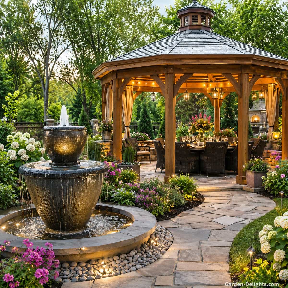 Water fountain placement near a gazebo gathering space with outdoor dining chairs, shaded seating, garden pathways, flower beds and gentle moving water creating soft sound projection, guest comfort, backyard entertaining flow and a welcoming focal point for family meals and evening conversations.