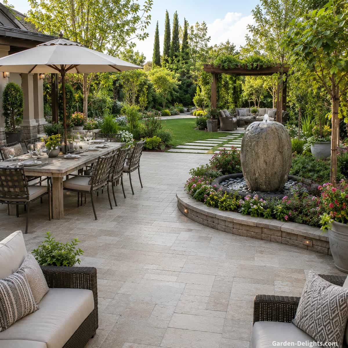 Large patio water fountain placement with a sculptural stone fountain, outdoor seating, dining zones and open backyard space creating relaxing water sound, visual balance and resort style outdoor living.