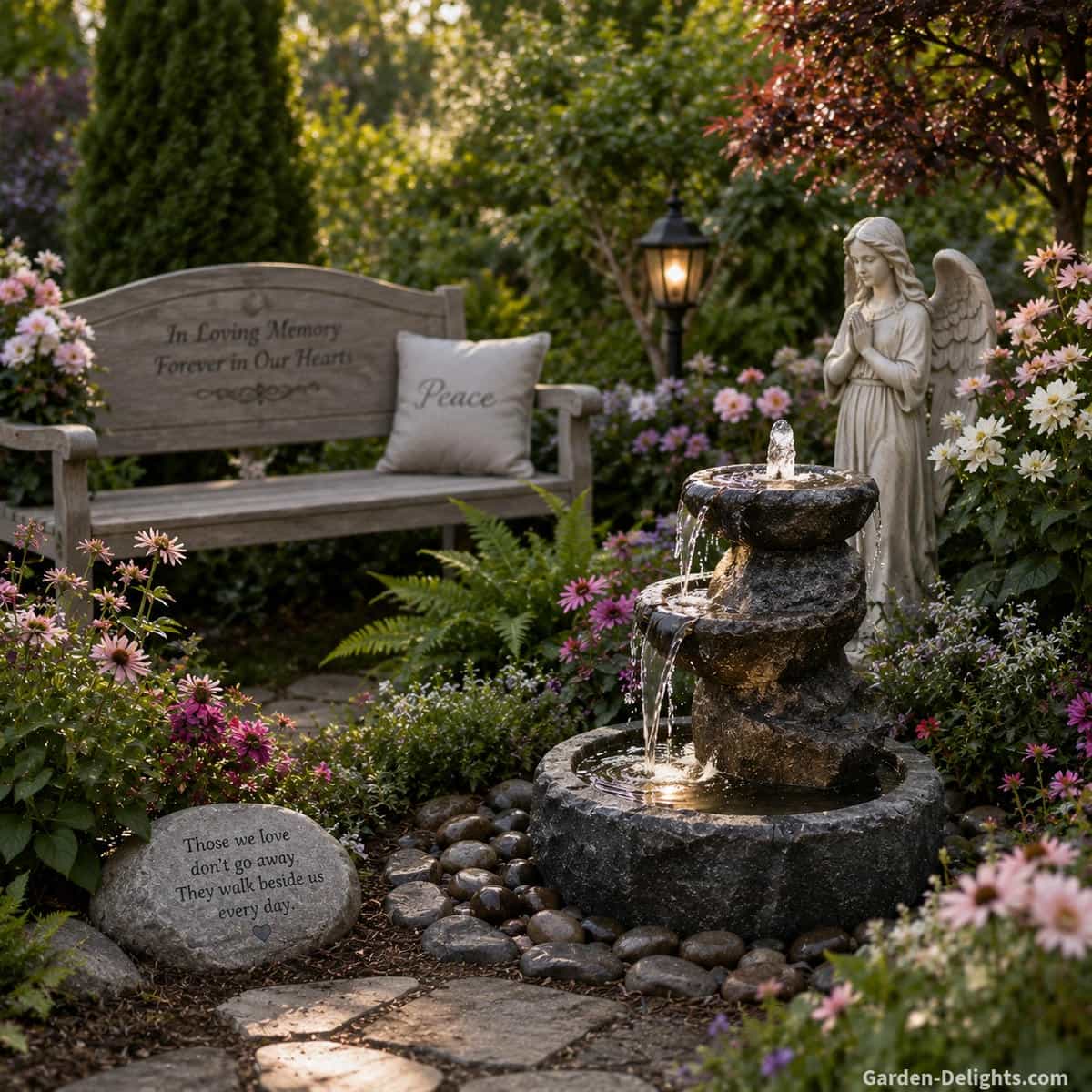 Memorial garden water fountain placement beside a remembrance bench, flowering tribute plants, angel statue, peaceful pathways and gentle moving water creating emotional comfort, reflection, healing and lasting remembrance.