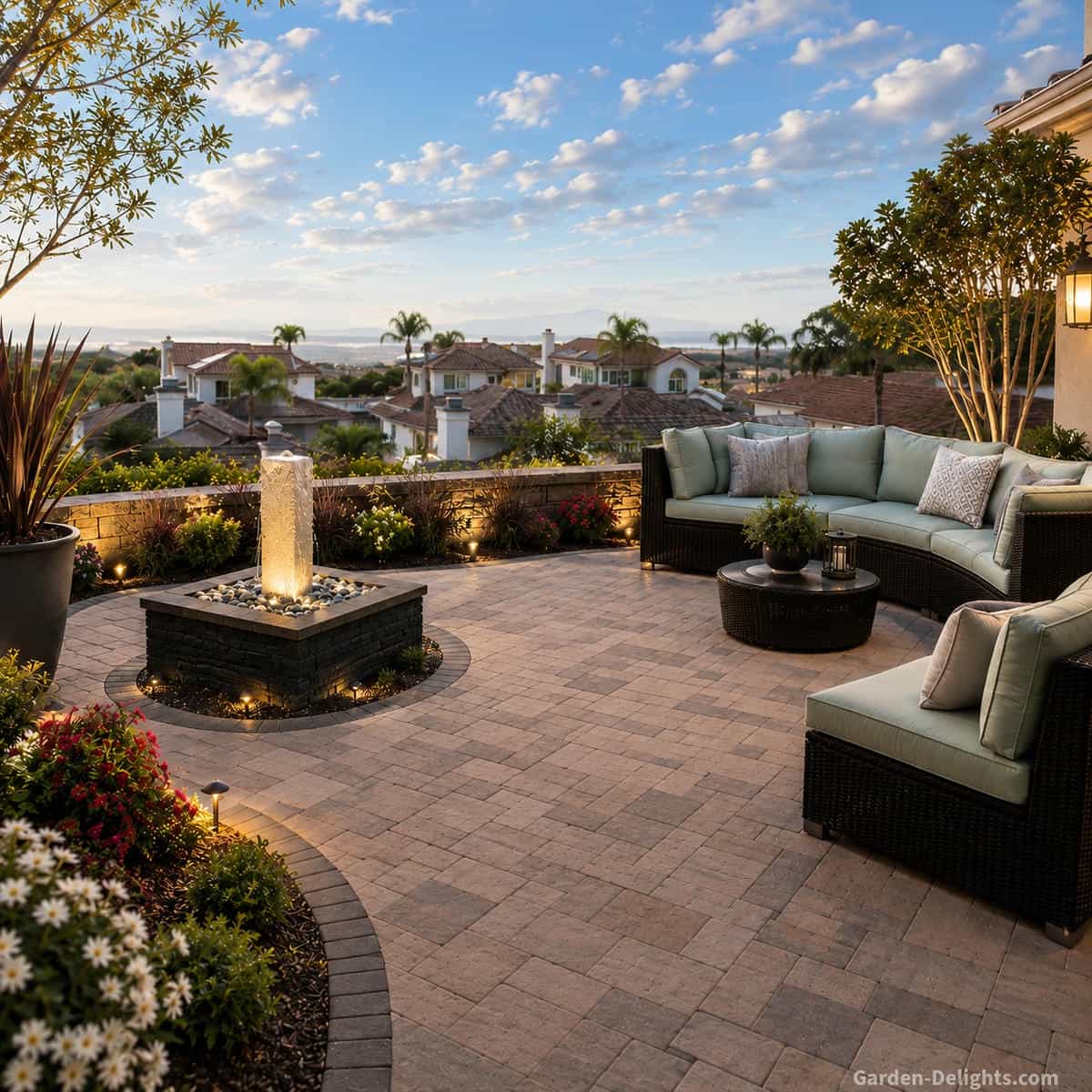 Open patio water fountain placement with a small illuminated stone fountain, spacious paver patio, black wicker lounge seating, seafoam cushions, landscape lighting, clear walking space and relaxing backyard focal point design.