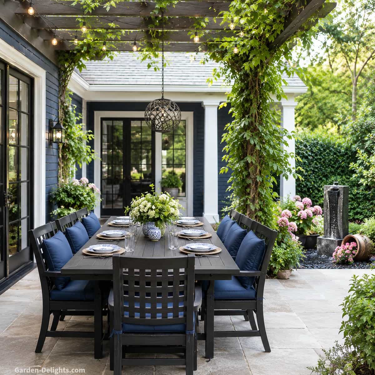 Patio outdoor dining water fountain placement beside a pergola dining area with dark furniture, blue cushions, string lights, flowering plants and a modern fountain creating relaxing water sound and peaceful backyard entertaining.