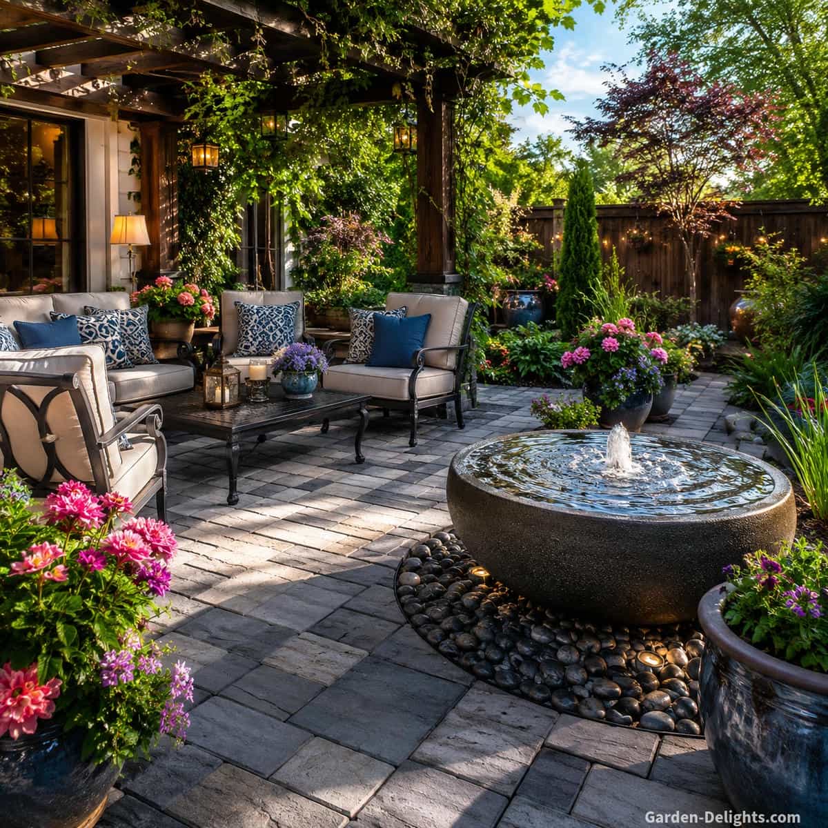 Patio seating water fountain placement beside comfortable outdoor lounge chairs, soft cushions, potted flowers, stone pavers, pergola shade and a bubbling basin fountain creating relaxing water sound, conversation comfort, Feng Shui balance and peaceful backyard living.