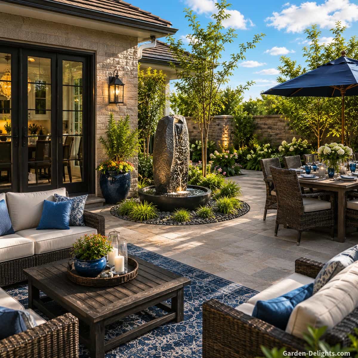 Patio water fountain placement with a sculptural stone fountain beside resort style seating, outdoor dining, garden borders and open blue sky, creating relaxing water sound, Feng Shui balance, visual harmony and peaceful backyard comfort.