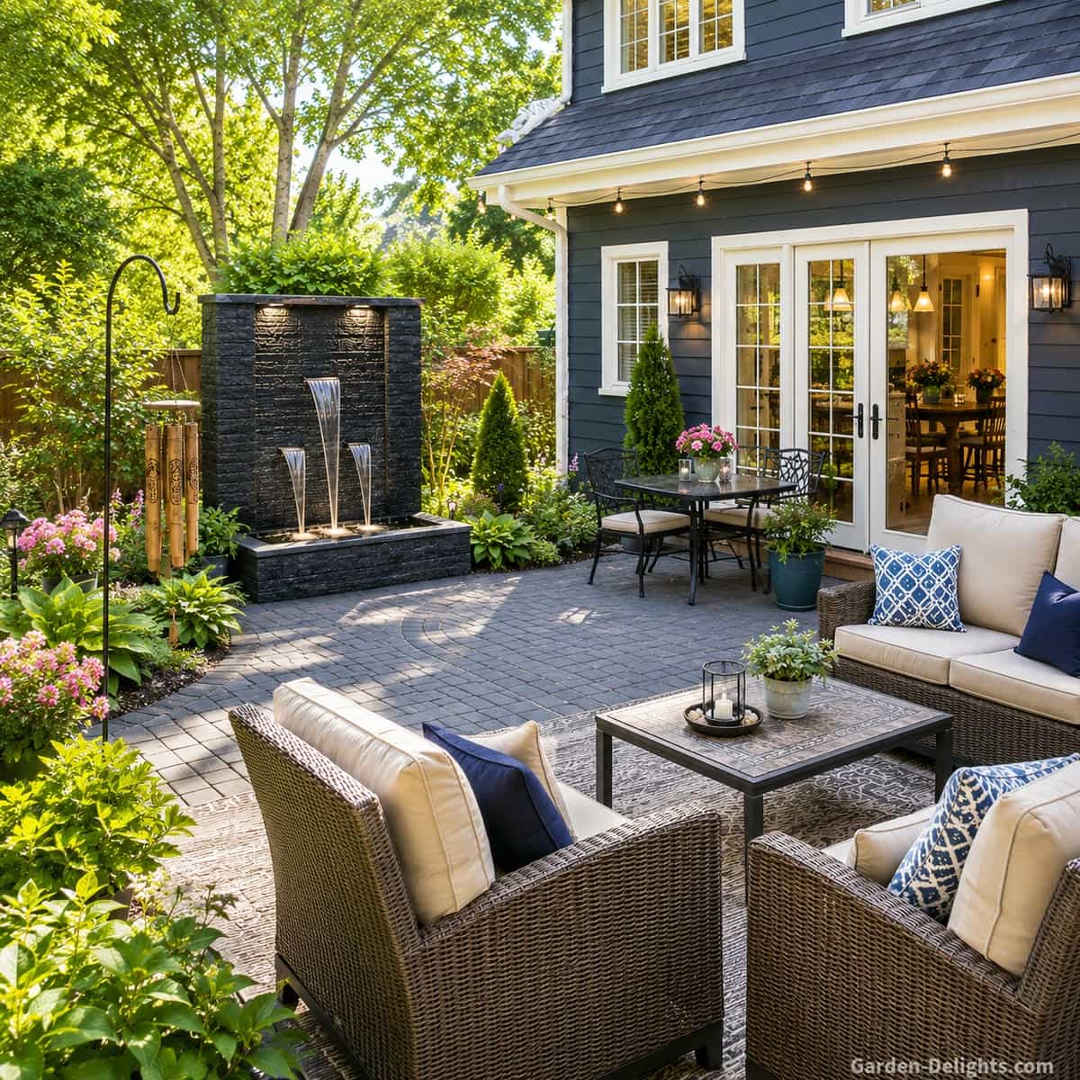 Patio water fountain placement with a black wall fountain near outdoor seating, dining space, patio doors, garden borders, bamboo wind chimes and clear walking paths creating a relaxing backyard retreat.