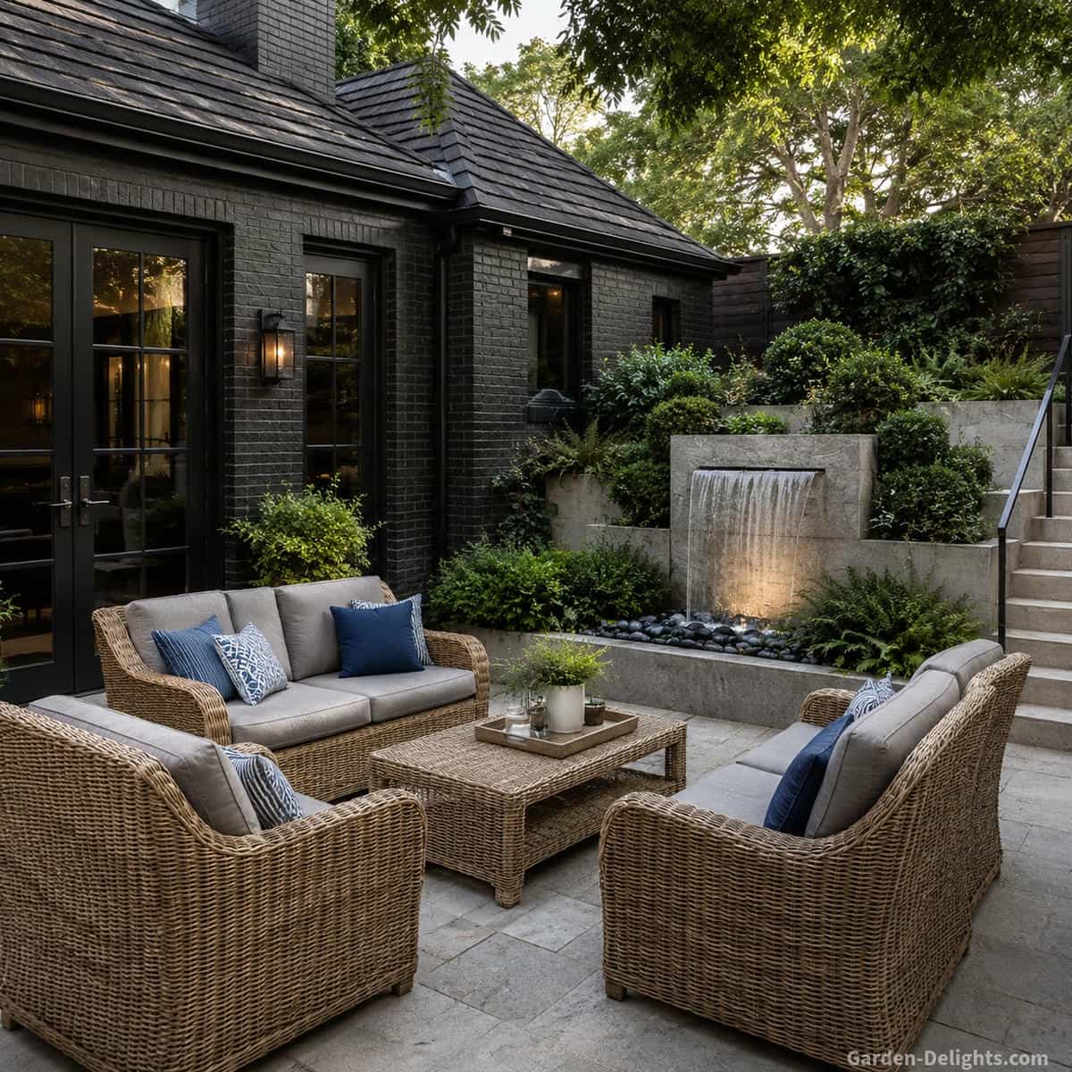 Patio water fountain placement beside wicker outdoor seating with cushions, natural stone flooring, potted plants, partial shade and gentle water sound for relaxing patio fountain ideas and comfortable outdoor living spaces