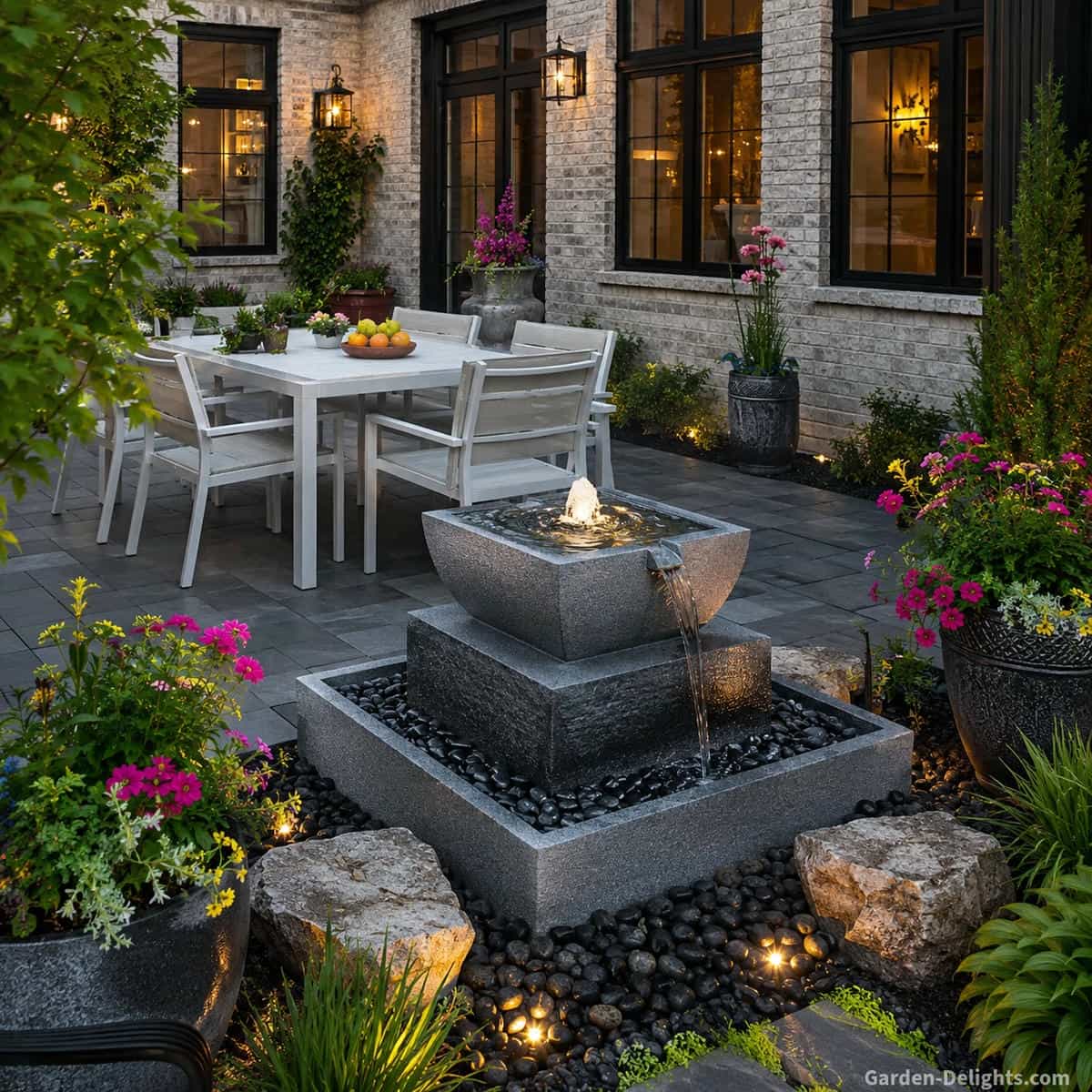 Patio water fountain placement beside comfortable aluminum outdoor seating and dining furniture with decorative flower planters, dark gray paving stones, black river rock and modern square cascading fountains. The relaxing water feature creates soothing sound, Feng Shui harmony, outdoor living comfort and a peaceful backyard entertaining space designed for daily relaxation and patio enjoyment.