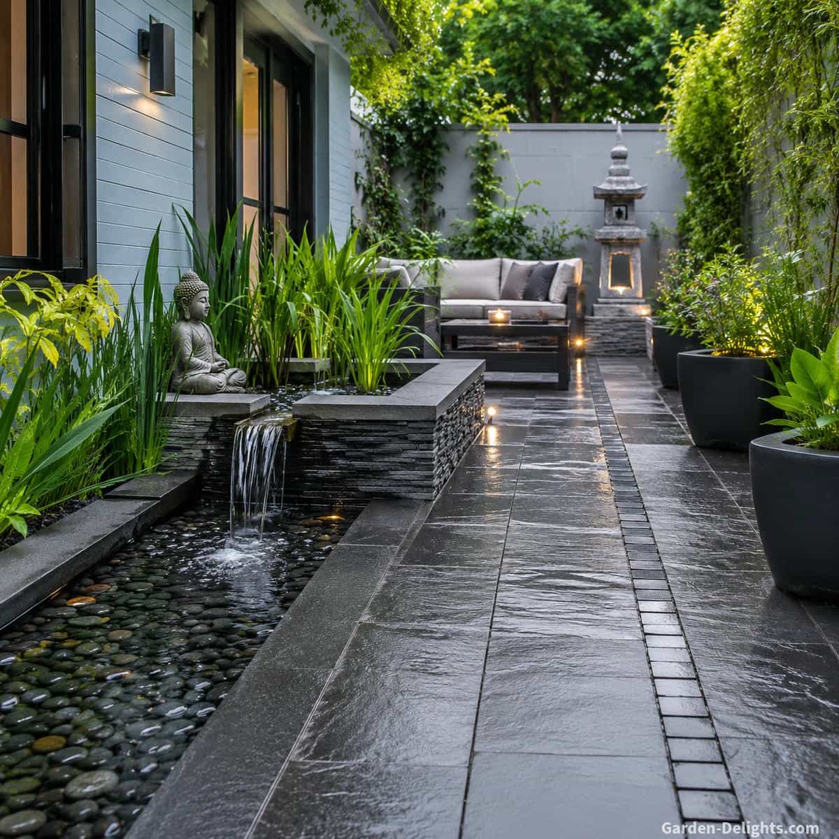 Patio water fountain placement beside a clear garden pathway with cascading water, black stone paving, gray stacked stone edging, lush planters, balanced sightlines, safe walking flow and relaxing Feng Shui comfort.