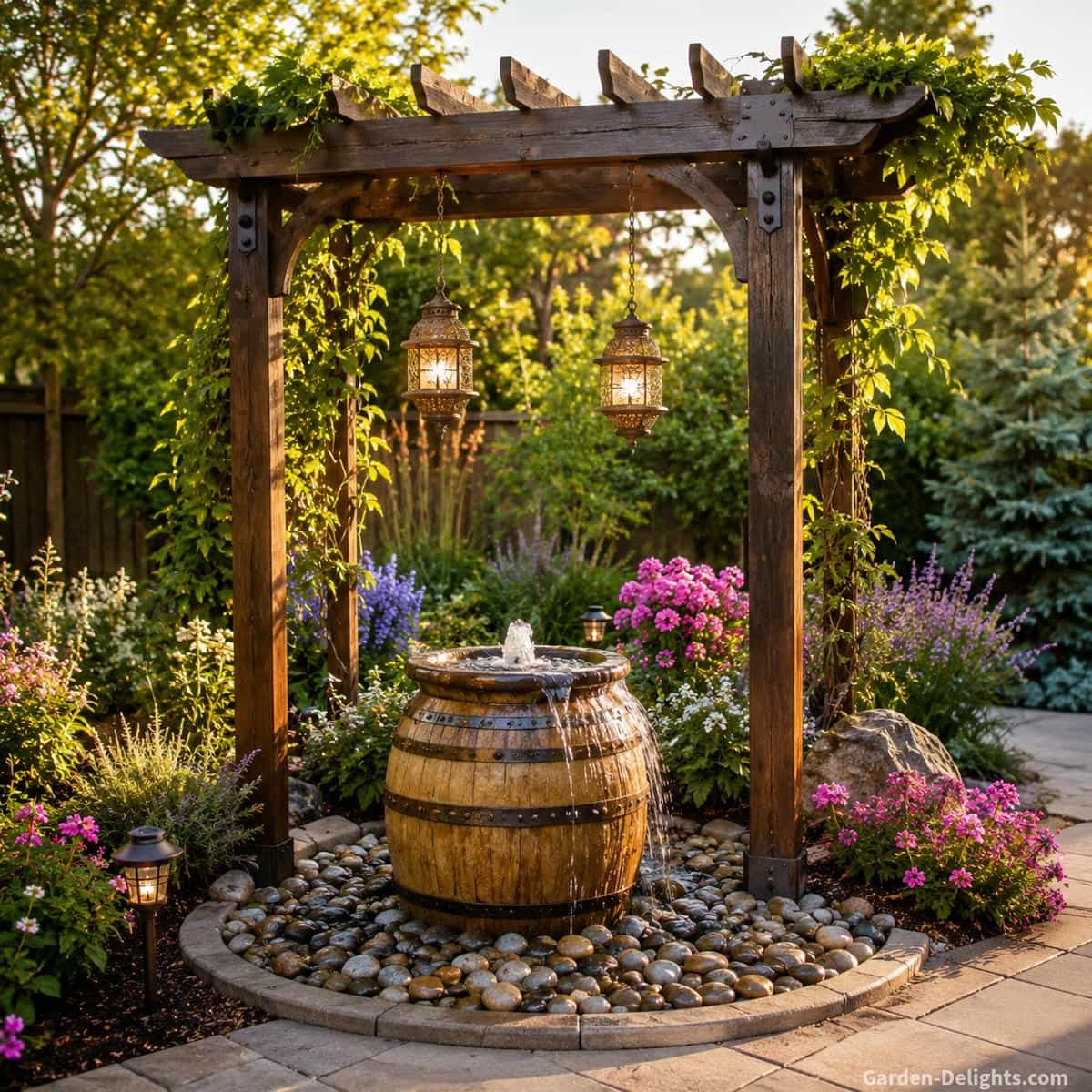 Perfect water fountain location in a peaceful backyard retreat showing a barrel style garden fountain under a small wooden pergola with hanging lanterns, river rock drainage, curved stone edging, colorful flowers, partial shade, clear sightlines and gentle water movement for outdoor living comfort