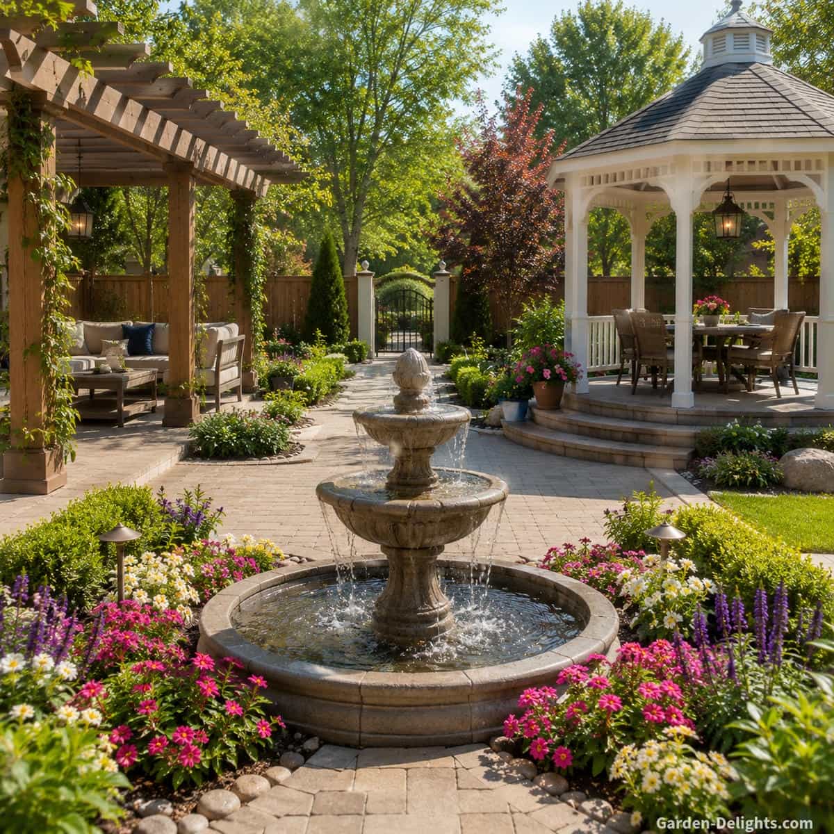 Water fountain used as a focal point between a pergola and gazebo with garden pathways, flower beds, outdoor seating, stone hardscape and gentle moving water creating visual anchoring, backyard flow, landscape cohesion and a calm outdoor retreat design.