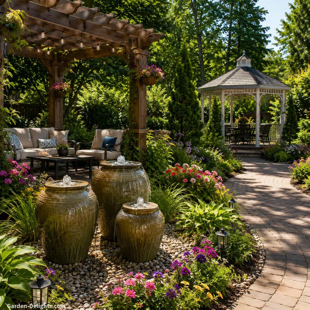 Water fountain placement around pergolas and gazebos showing ceramic urn fountains on gravel near shaded seating, garden pathways, flowers and open access for pergola fountain ideas, gazebo water features and relaxing outdoor rooms