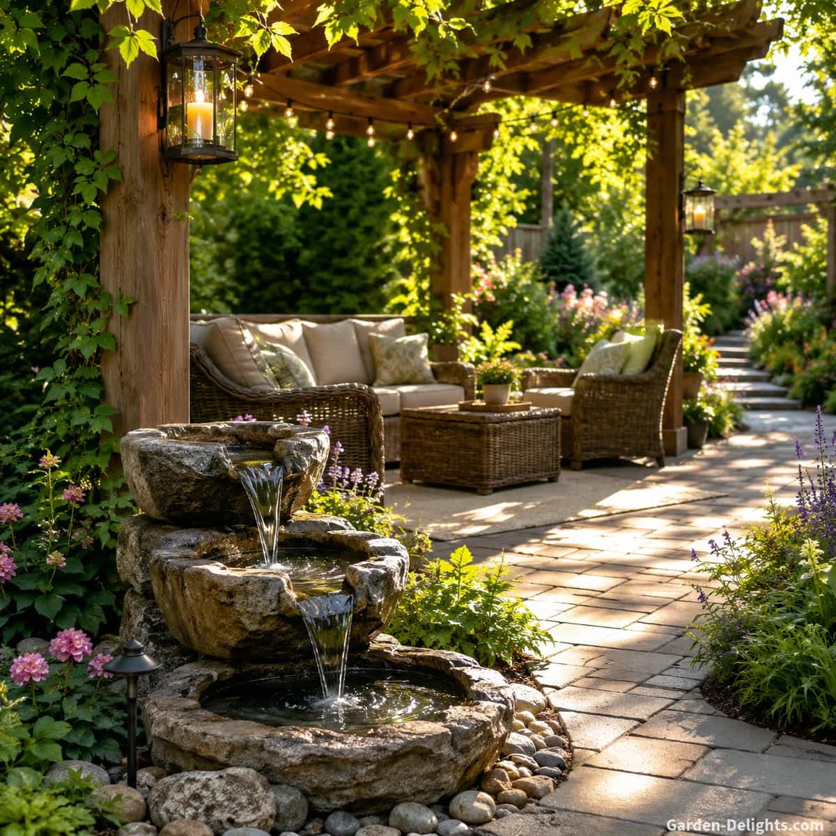 Water fountain placement beside pergola seating areas with comfortable lounge chairs, shaded outdoor living space, garden pathways, flowering landscape beds and gentle water movement creating acoustic comfort, visual harmony, outdoor serenity and relaxing backyard enjoyment.