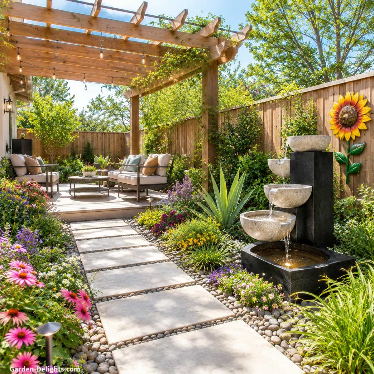 Pergola seating water fountain placement with a black tiered fountain, gray stone bowls, lounge chairs, shaded pergola, colorful flower beds, stone pathway and gentle water sound creating outdoor comfort and relaxing backyard flow.